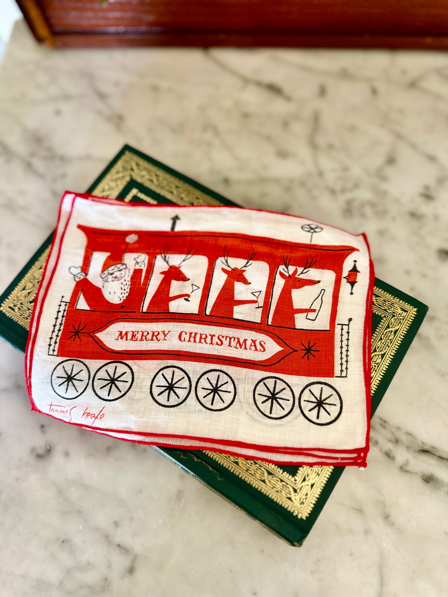 Vintage Tammis Keefe Linen Santa & Reindeer Cocktail Napkins
