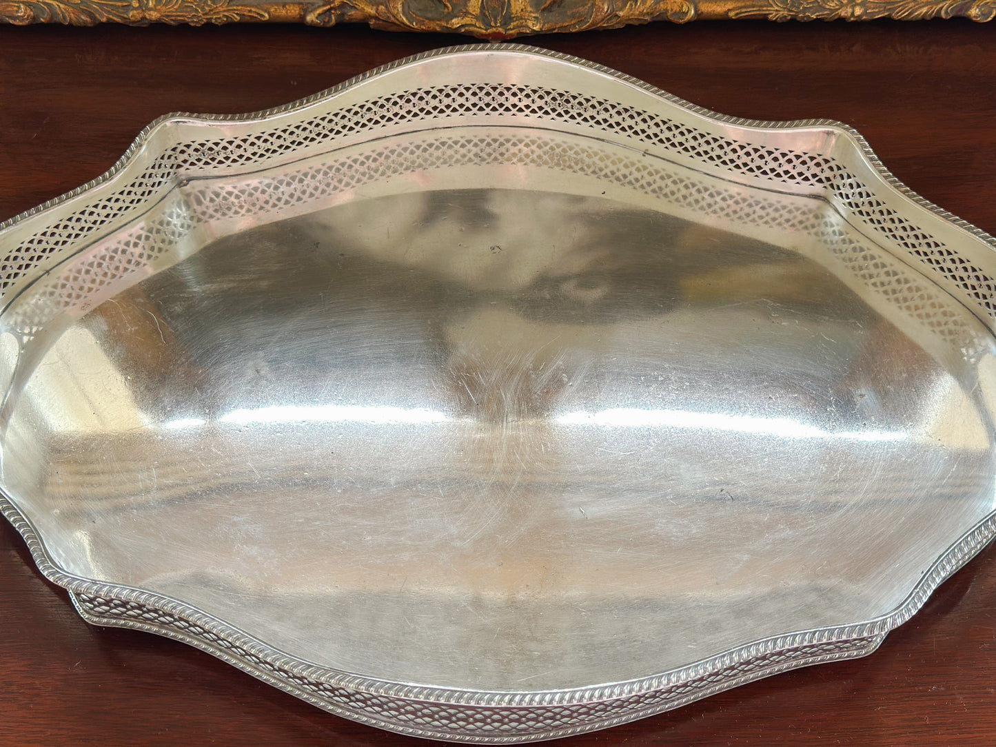 Medium Oval Silverplate Gallery Tray with Scalloped Edge