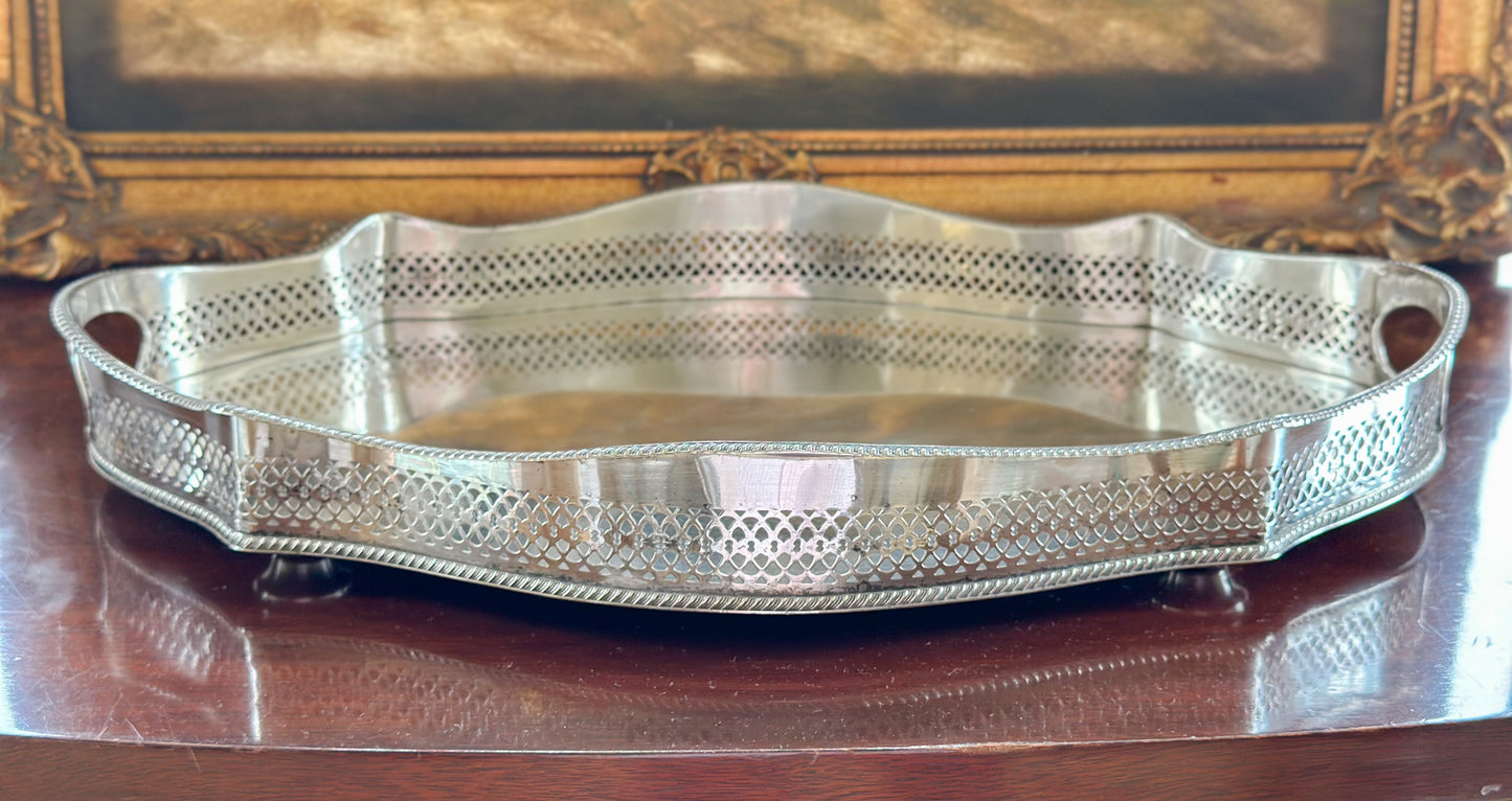 Medium Oval Silverplate Gallery Tray with Scalloped Edge