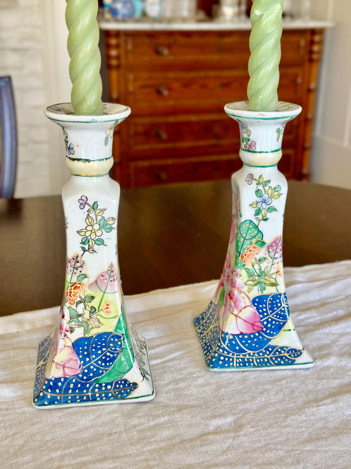 Vintage Tobacco Leaf Porcelain Candlesticks (Set of 2)