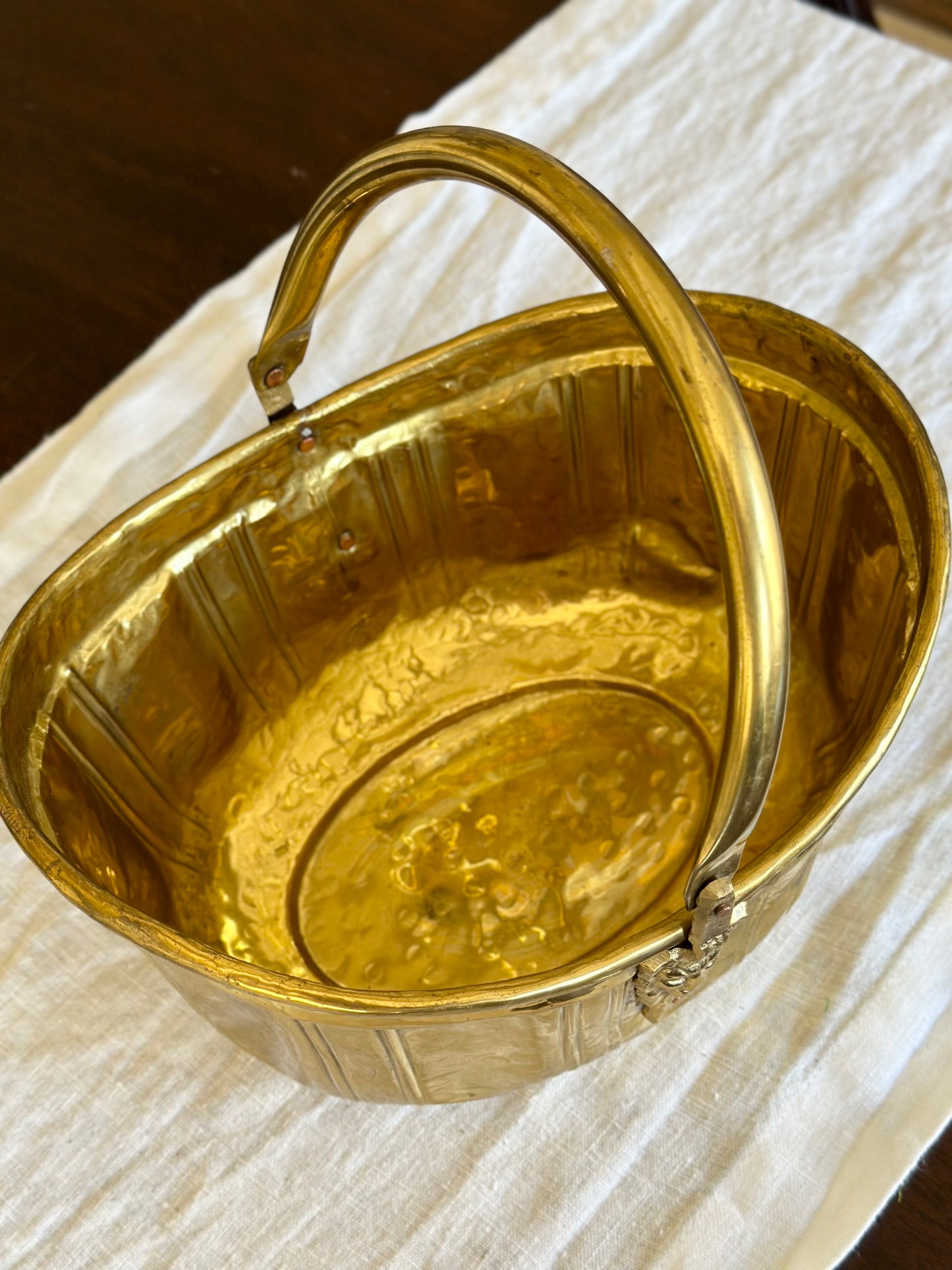 Vintage Brass Basket with Handle & Lion Heads