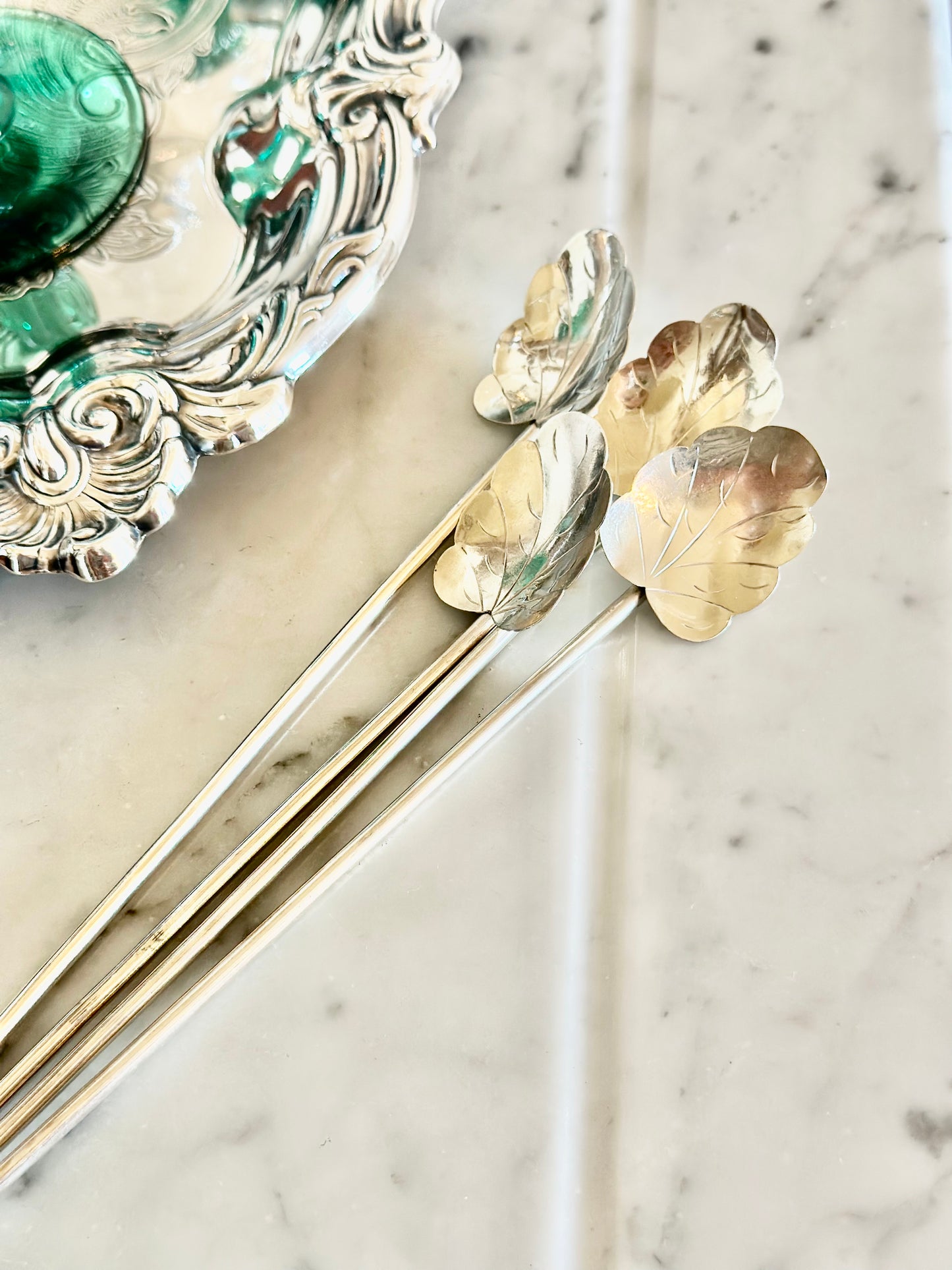 Sterling Silver Leaf Cocktail Stirrers (Set of 4)