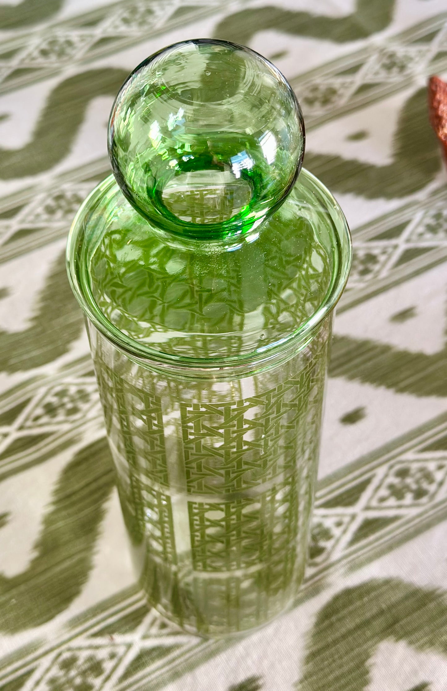 Vintage Libbey Green Patterned Barber Pole Canister