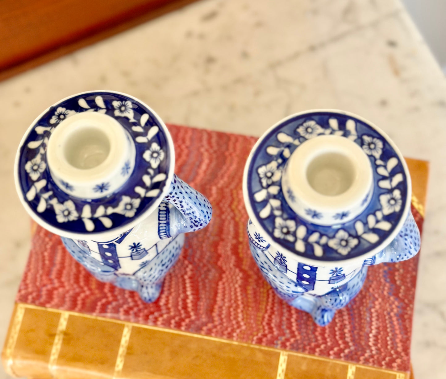 Vintage Blue and White Monkey Candlesticks (Set of 2)