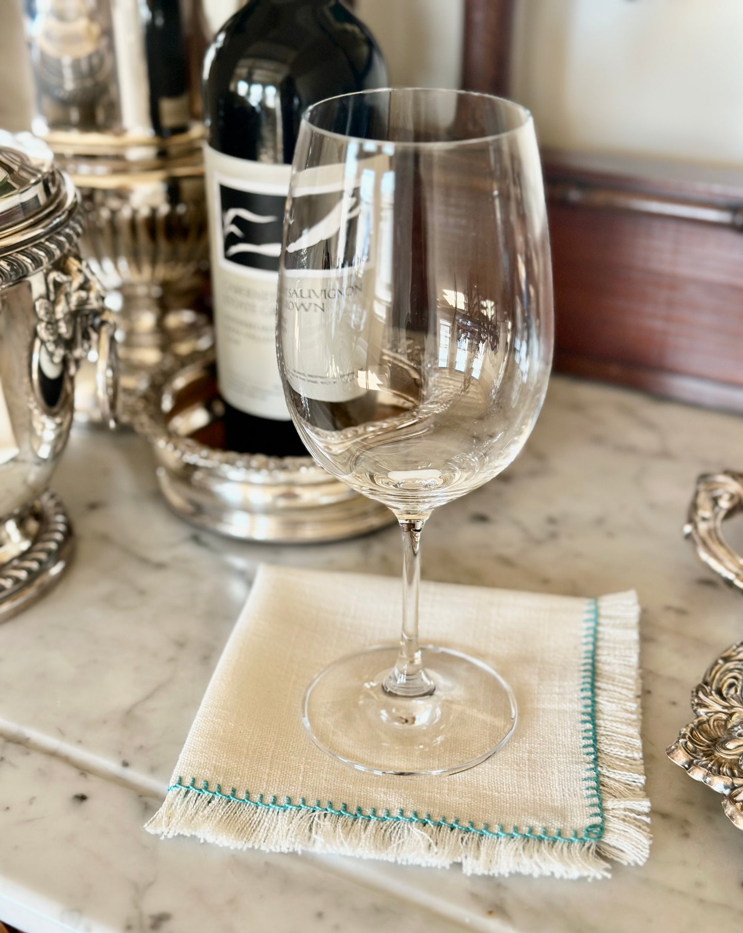Fringe & Turquoise Cross Stitch Trim Linen Cocktail Napkins (Set of 6)