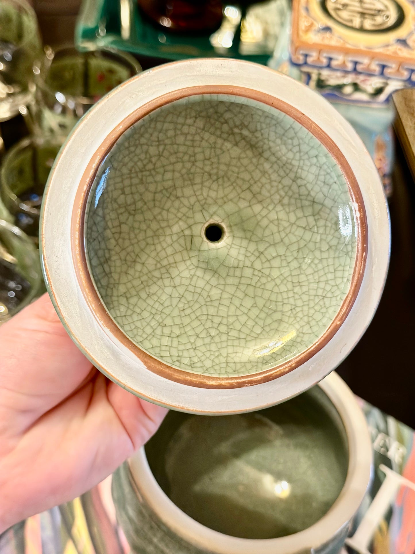 Vintage Celadon Foo Dog Crackle Glaze Dish