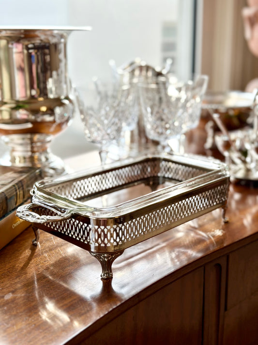 Vintage Anchor Hocking Serving Dish & Silverplate Holder