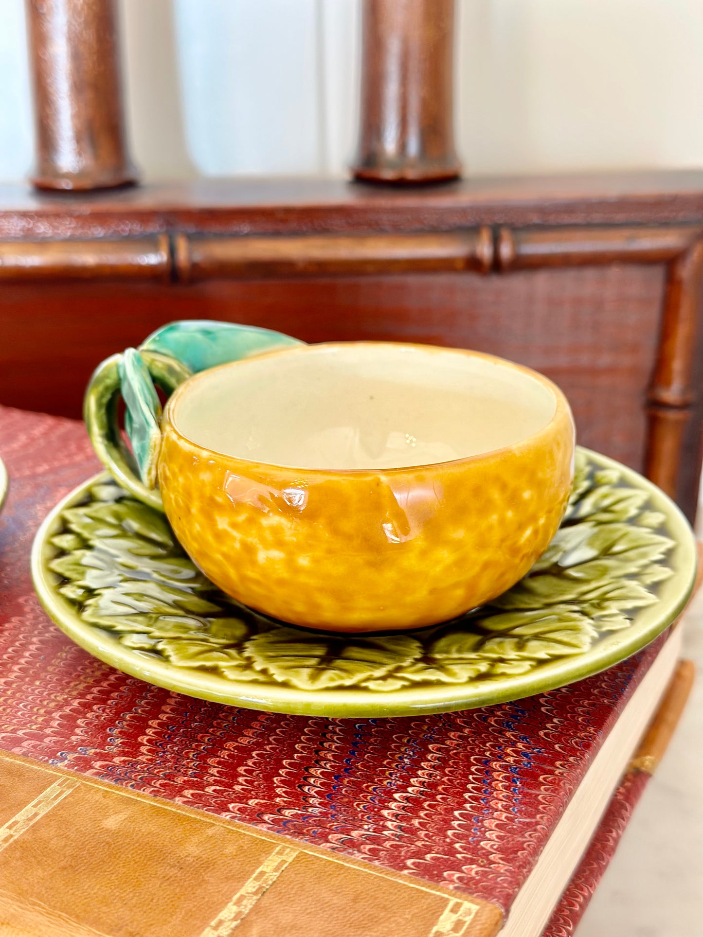 French Majolica Sarreguemines Orange Teacups and Saucers (Set of 4)