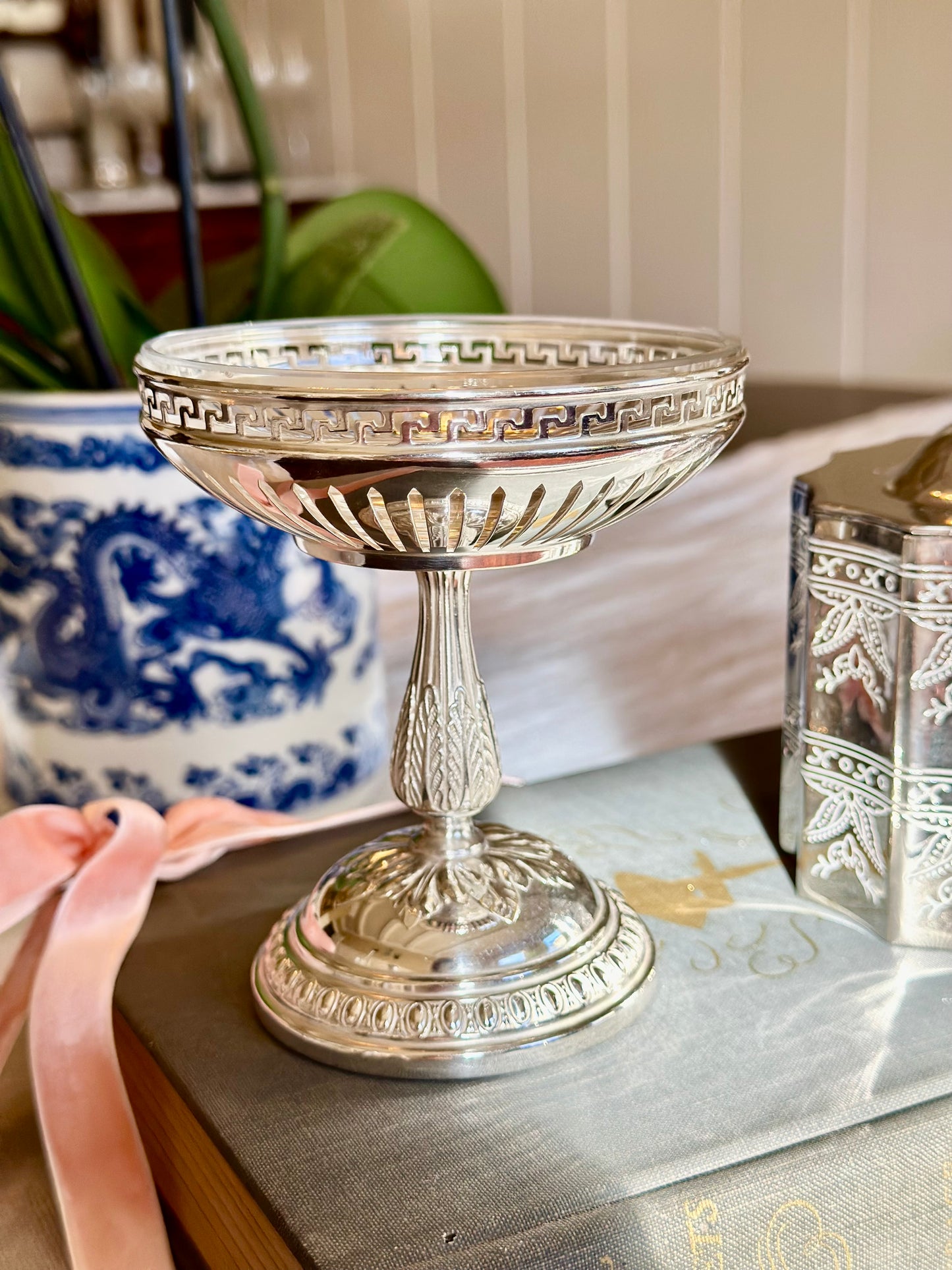 Silverplate Pedestal Compote with Reticulated Greek Key Rim