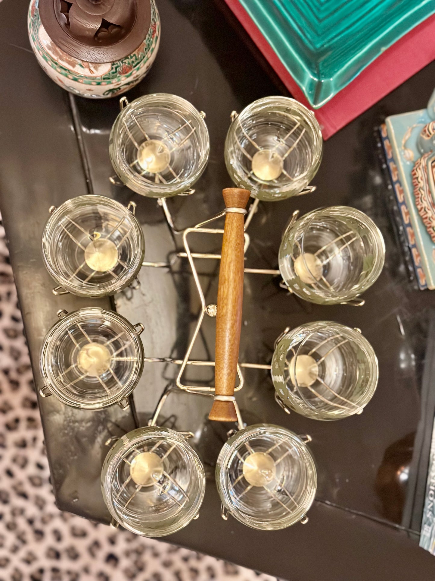 Vintage Midcentury Roly Poly Glasses with Brass Caddy