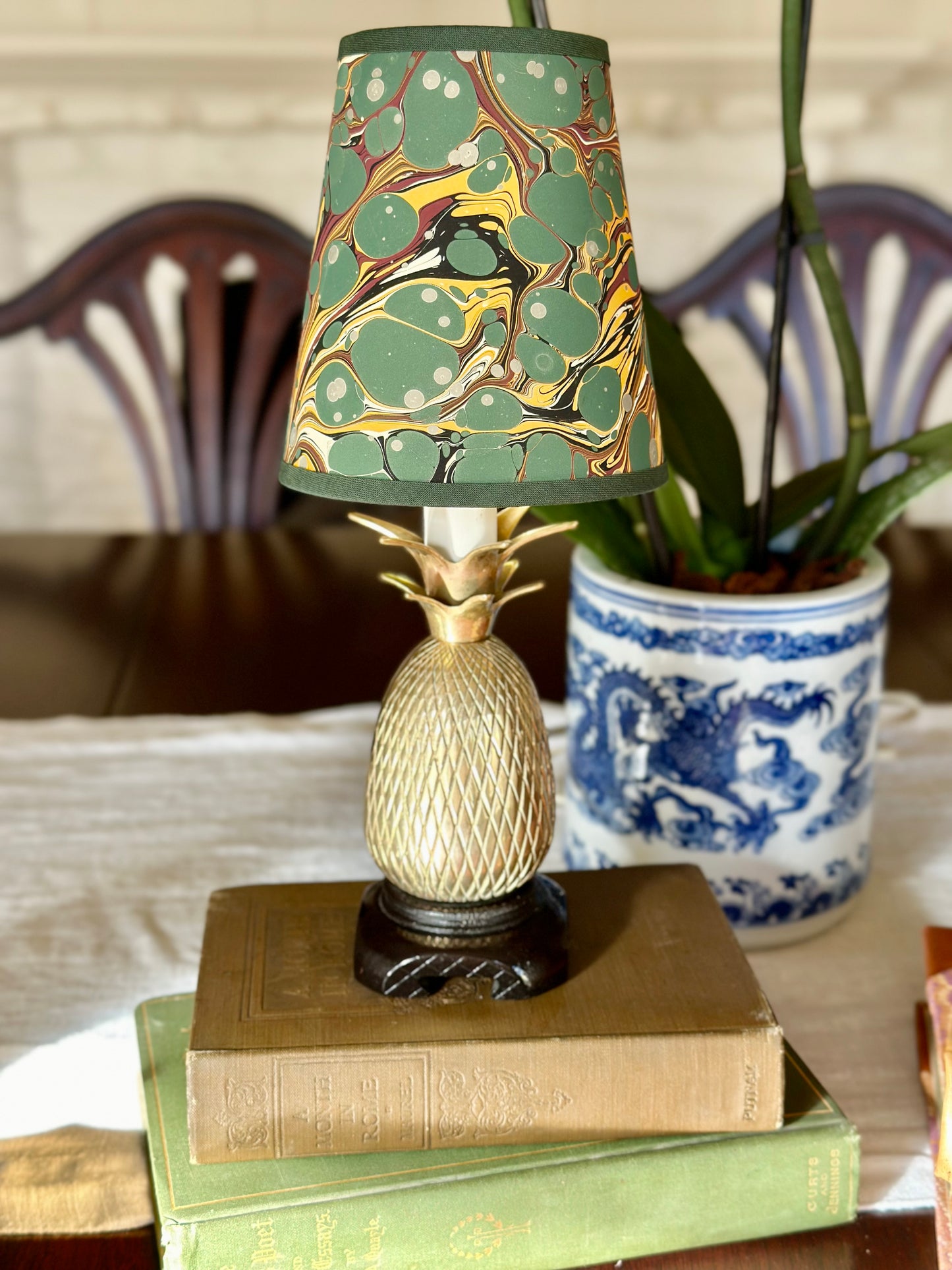 Small Brass Pineapple Lamp with Marbled Paper Shade