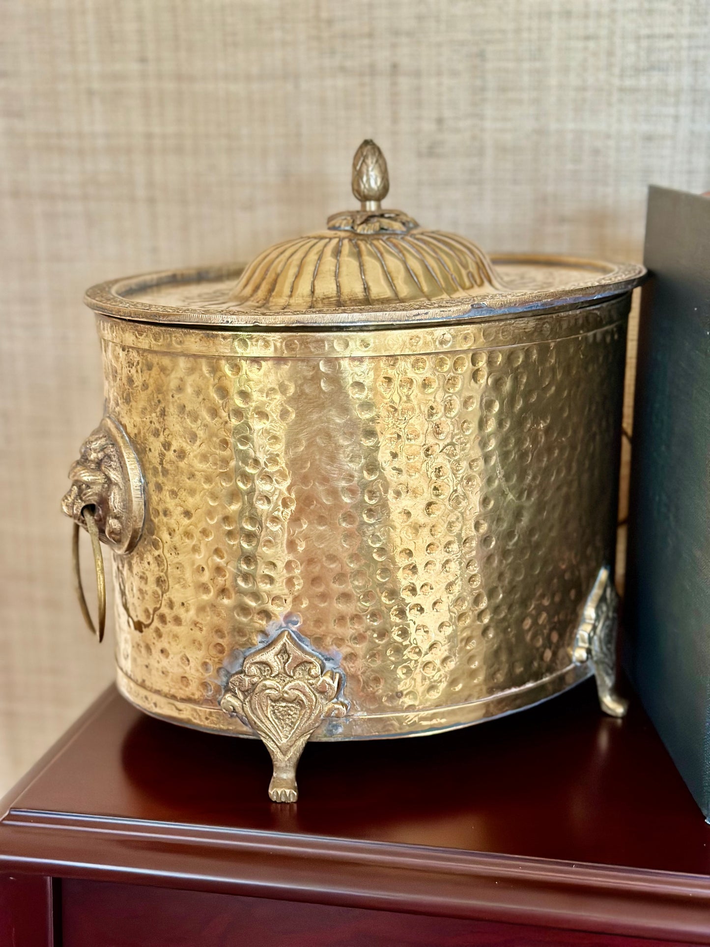 Hammered Brass Footed Bucket with Lion Heads