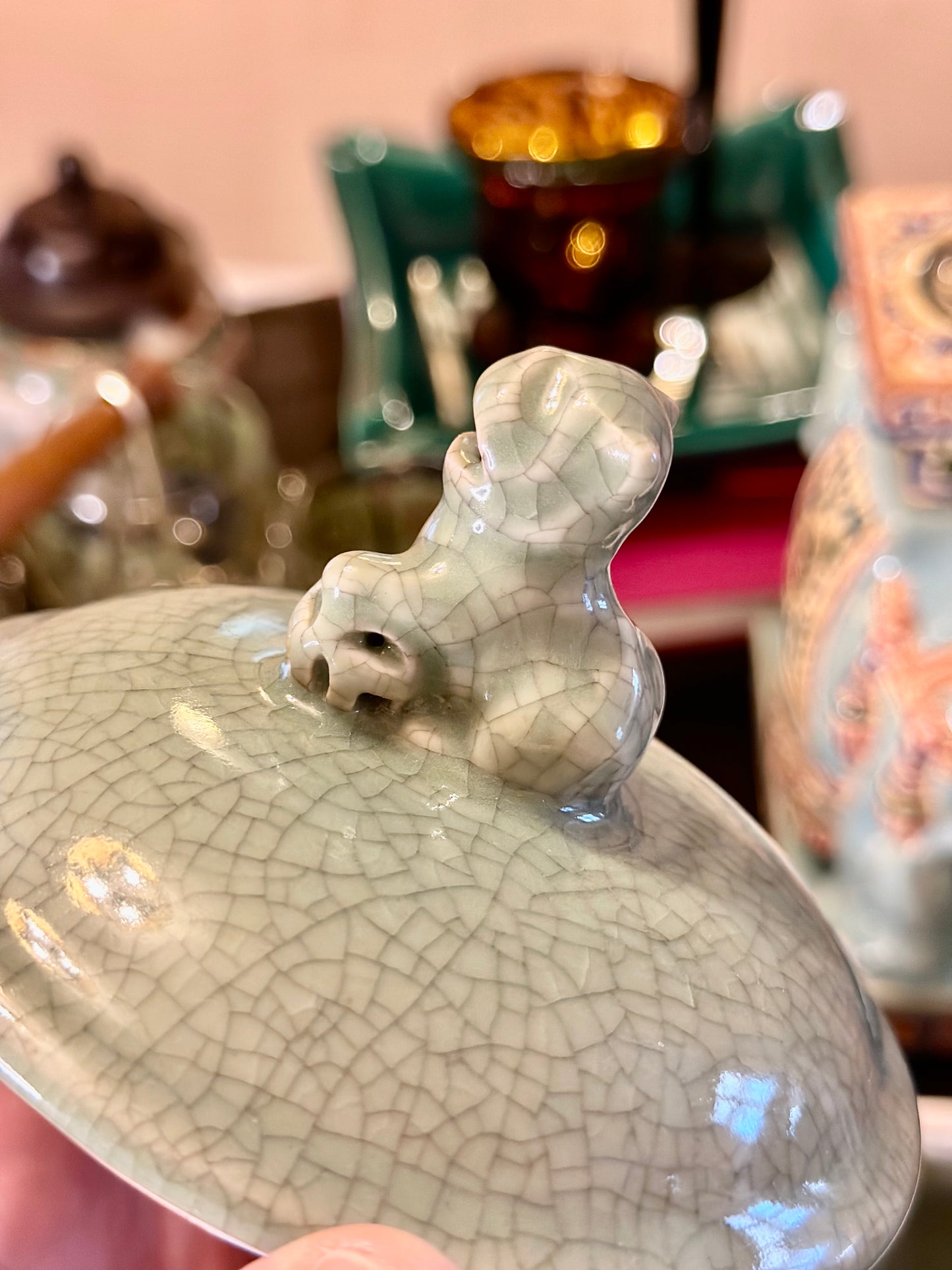 Vintage Celadon Foo Dog Crackle Glaze Dish