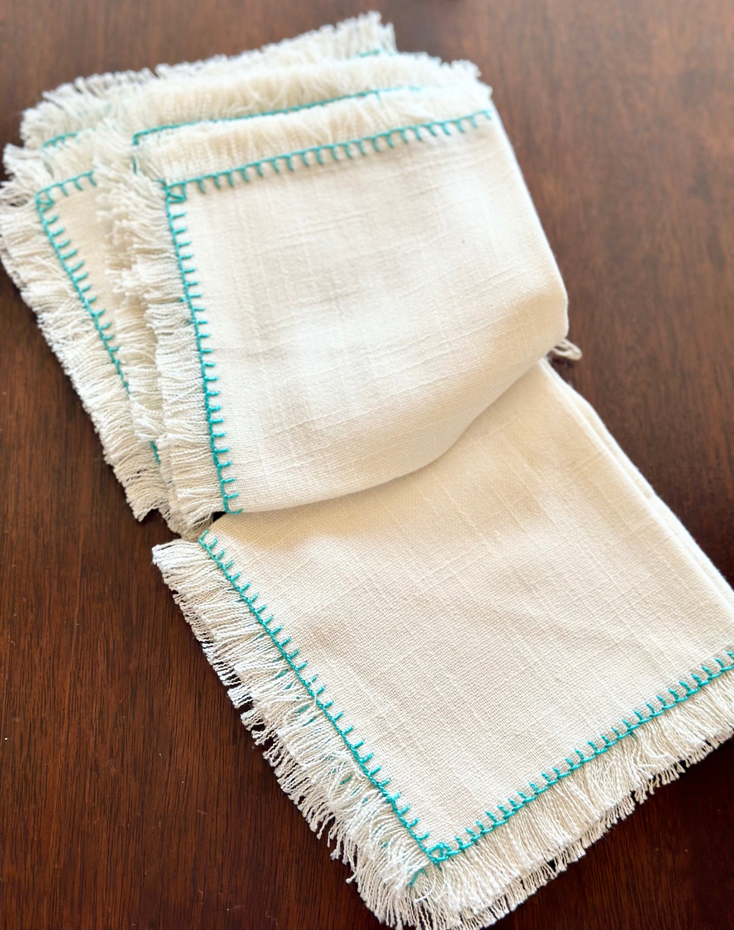 Fringe & Turquoise Cross Stitch Trim Linen Cocktail Napkins (Set of 6)