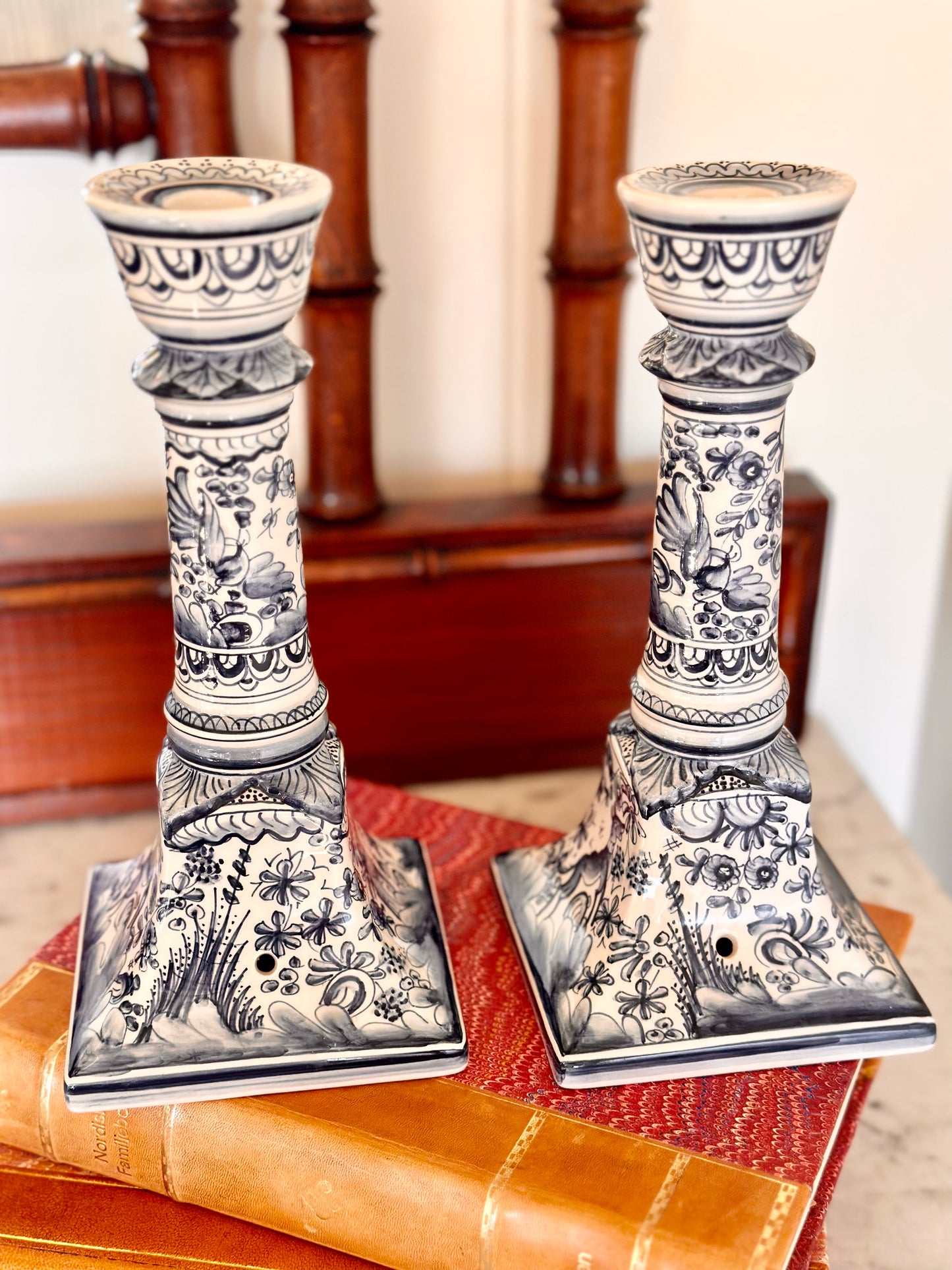 Portugese Hand-Painted Blue and White Candlesticks