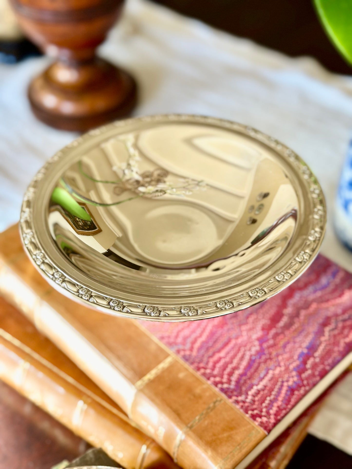 Silverplate Pedestal Compote with Embossed Floral Rim