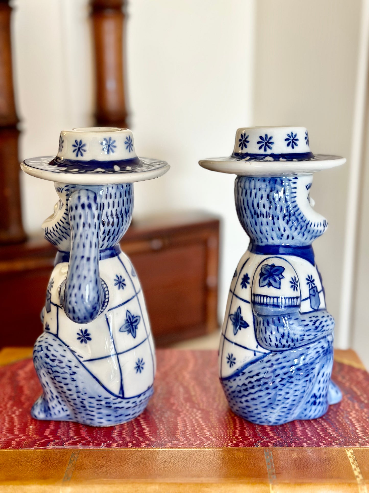 Vintage Blue and White Monkey Candlesticks (Set of 2)