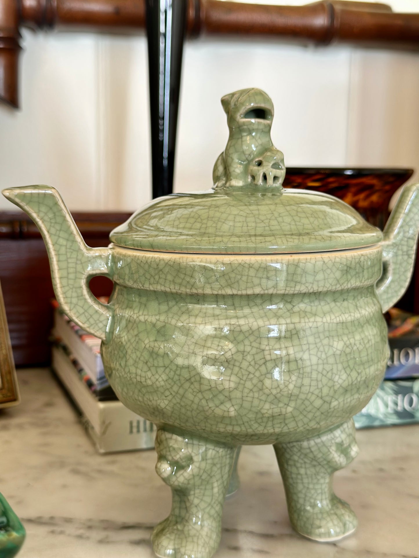 Vintage Celadon Foo Dog Crackle Glaze Dish