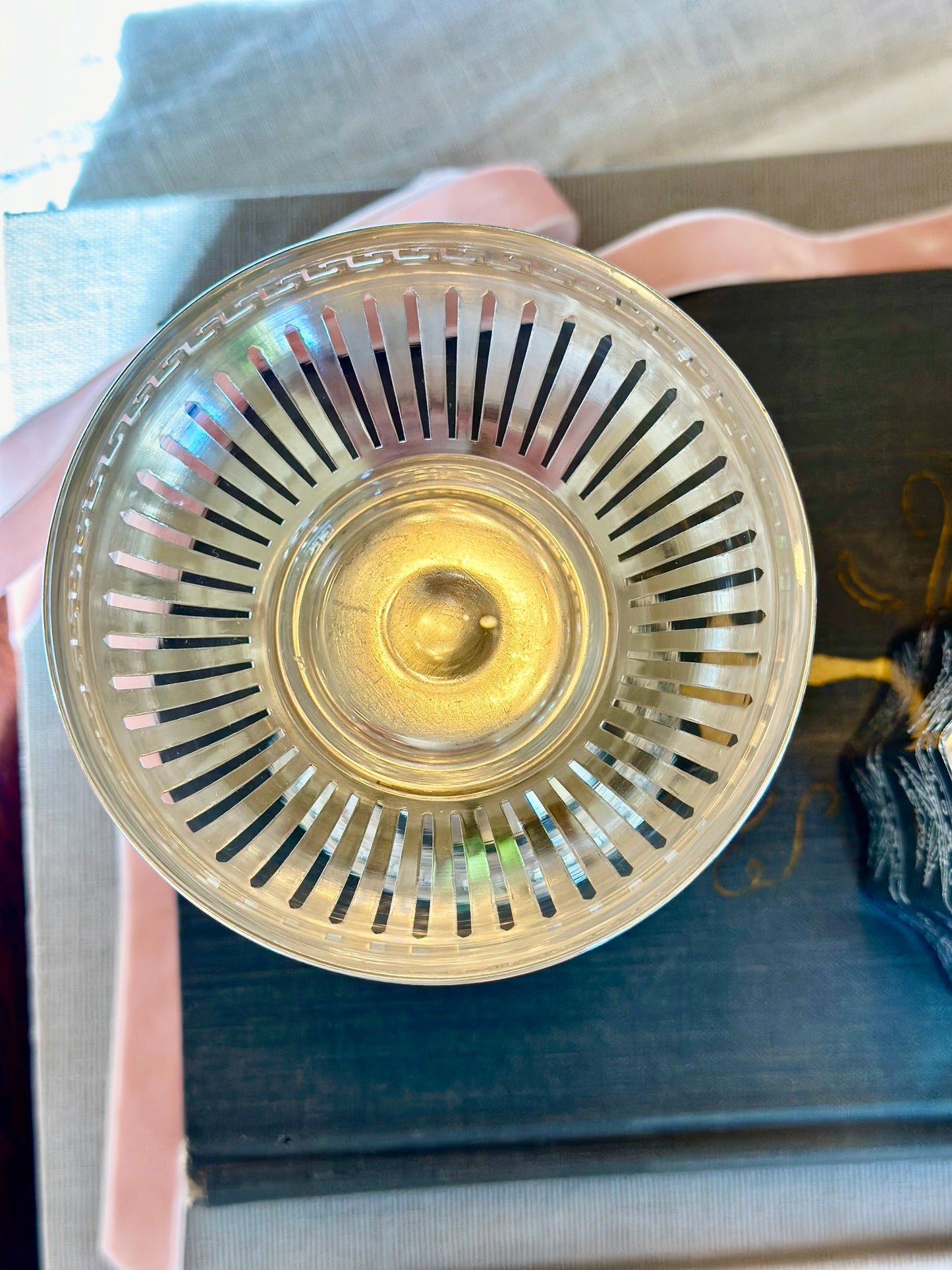 Silverplate Pedestal Compote with Reticulated Greek Key Rim