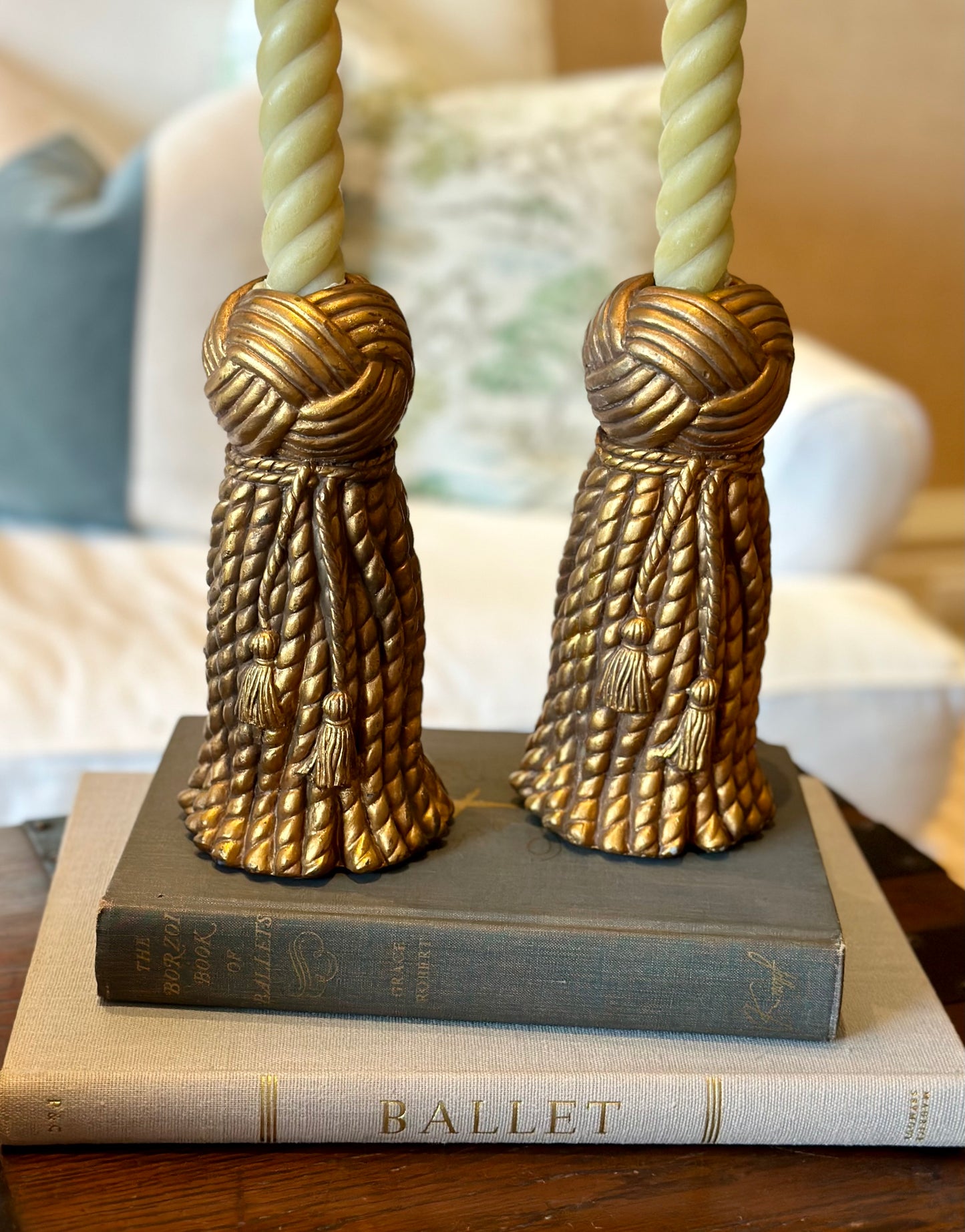 Vintage Dorothy Draper Style Gold Tassel Candlesticks (Set of 2)