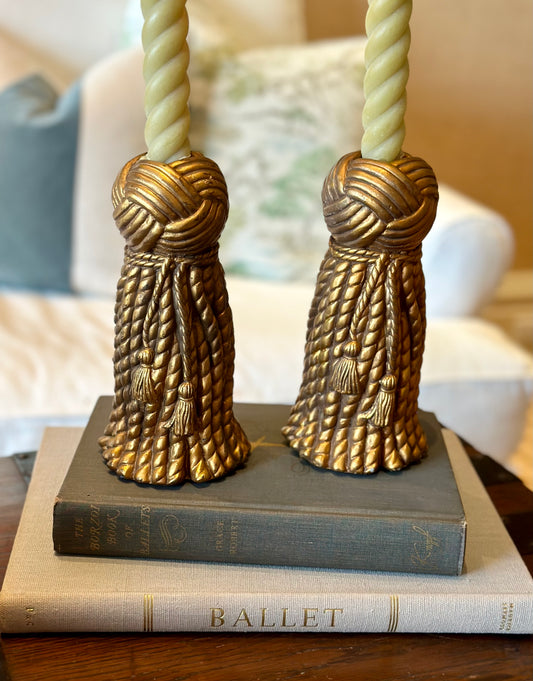 Vintage Dorothy Draper Style Gold Tassel Candlesticks (Set of 2)