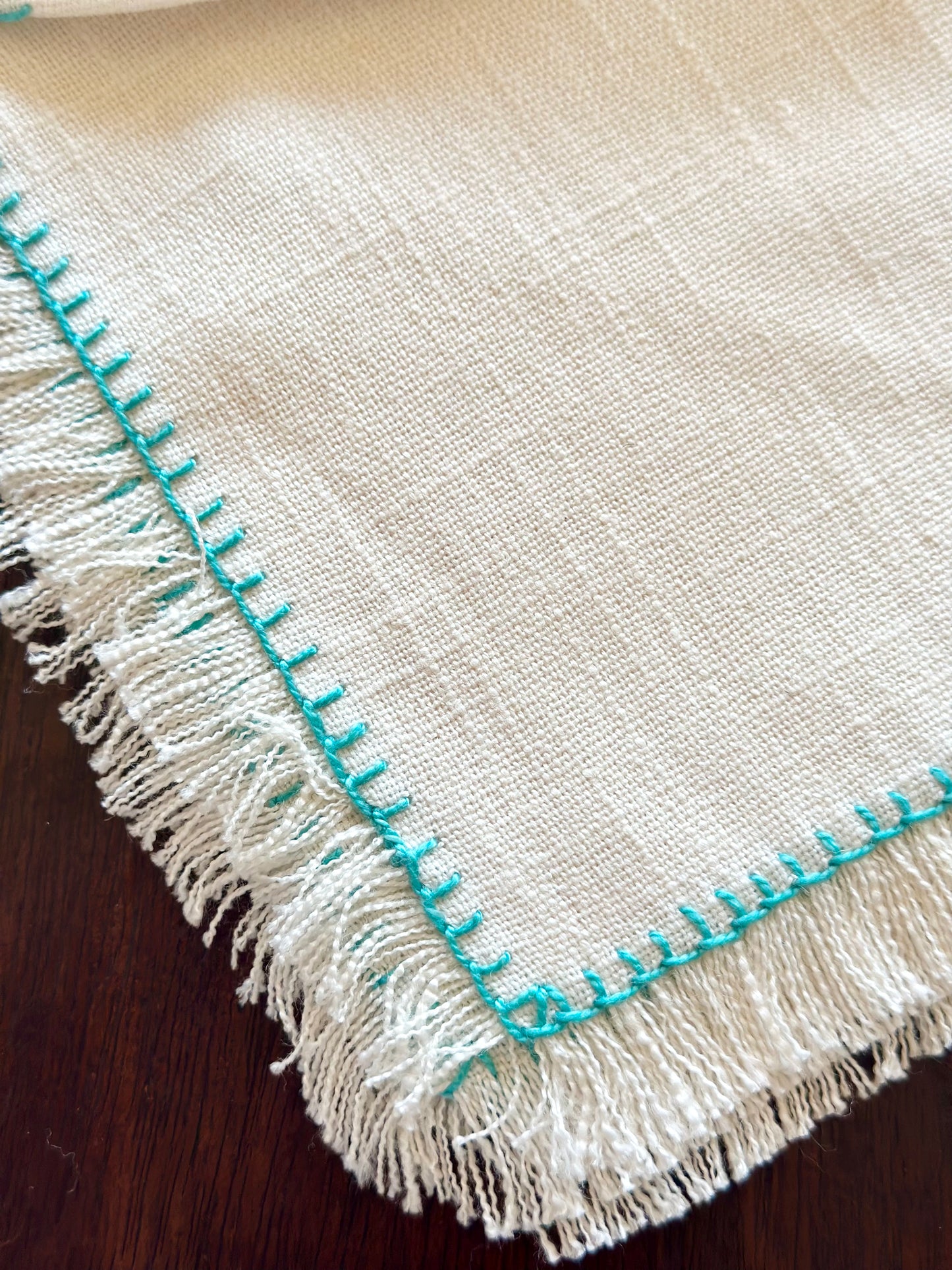 Fringe & Turquoise Cross Stitch Trim Linen Cocktail Napkins (Set of 6)