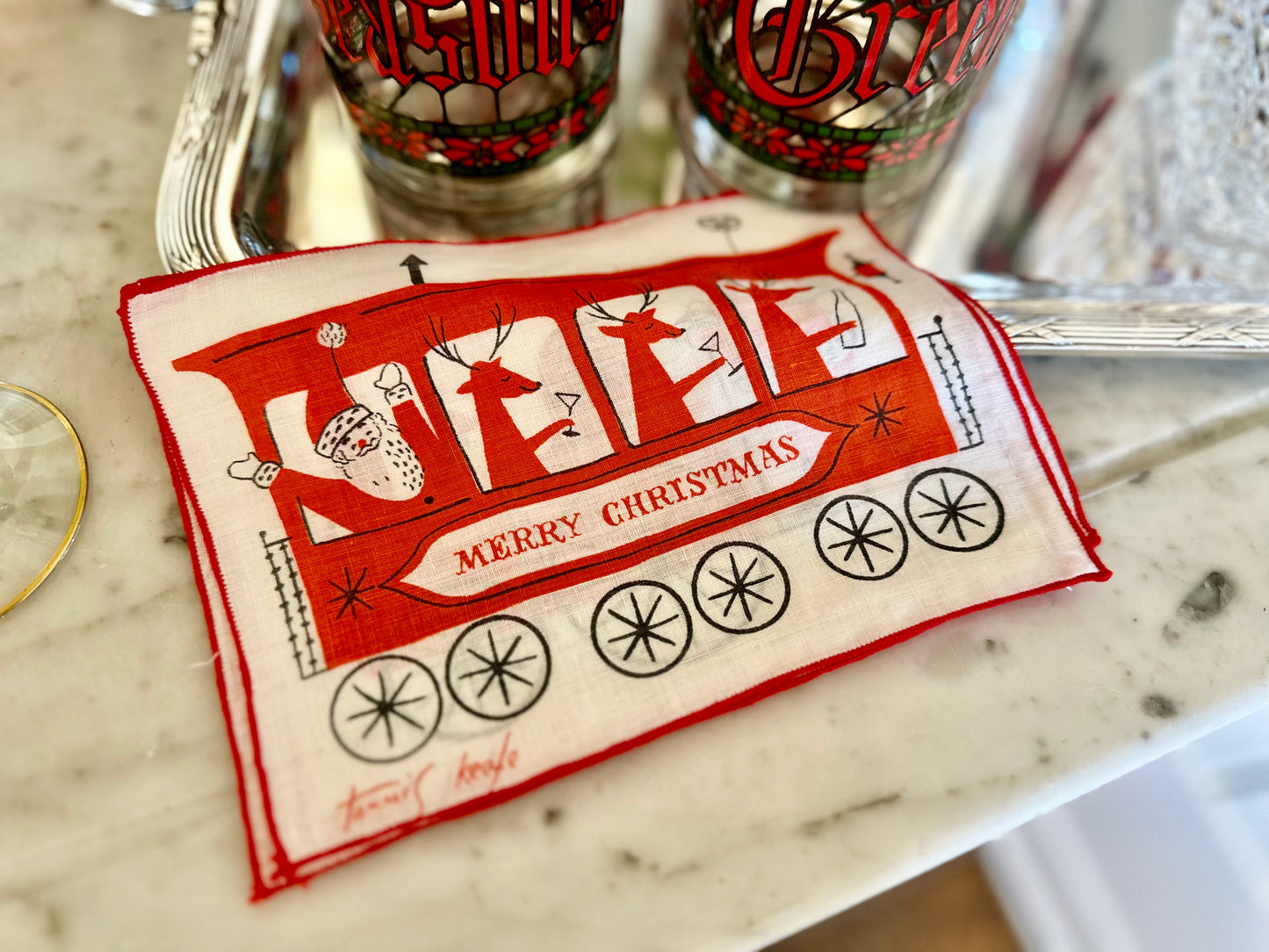 Vintage Tammis Keefe Linen Santa & Reindeer Cocktail Napkins