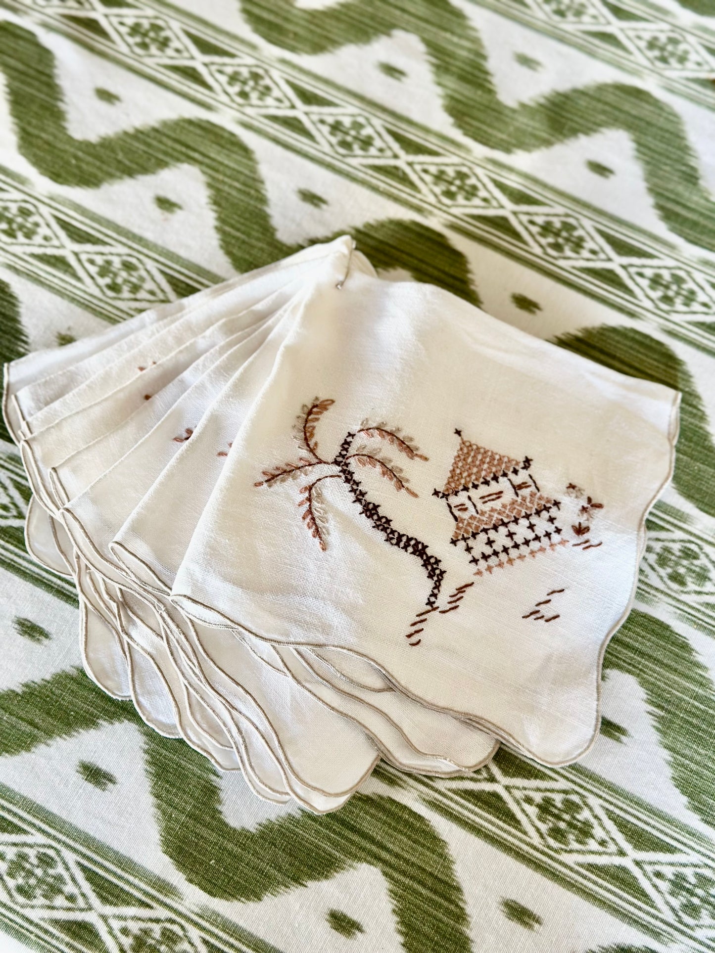 Vintage Linen Luncheon Napkins with Pagoda & Palm Cross-Stitch (Set of 8)