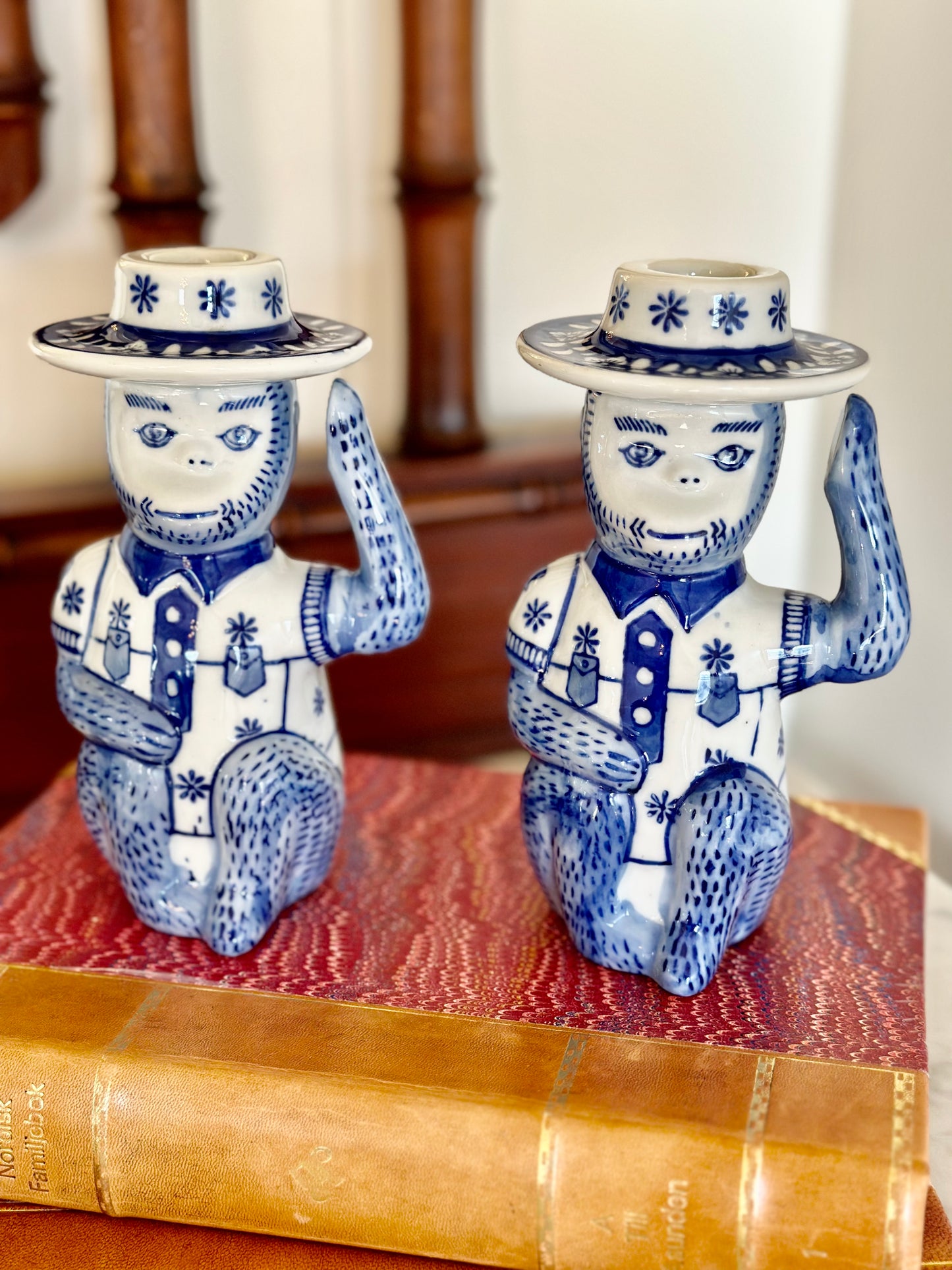 Vintage Blue and White Monkey Candlesticks (Set of 2)