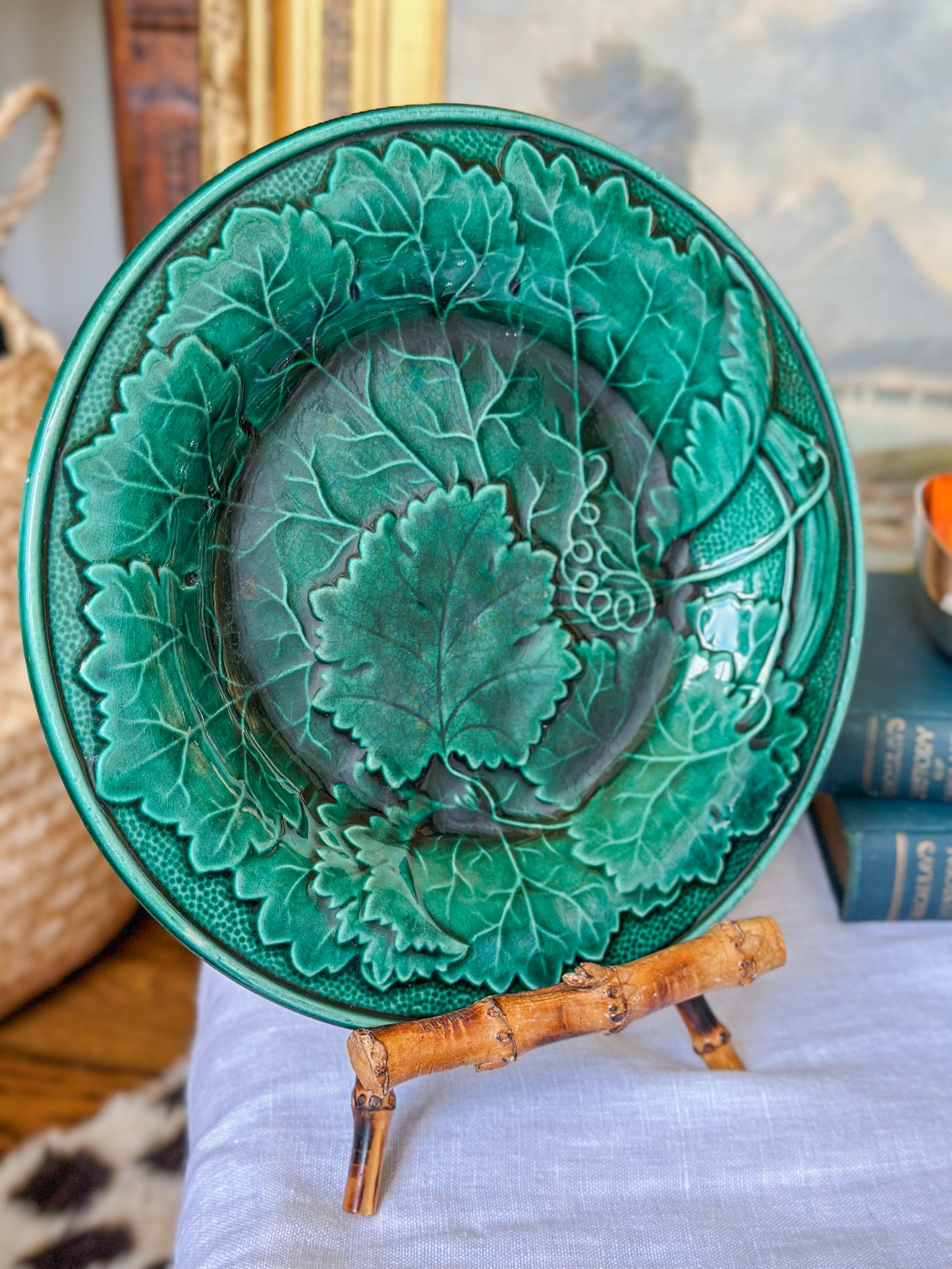 English Majolica Grape Leaf Plate