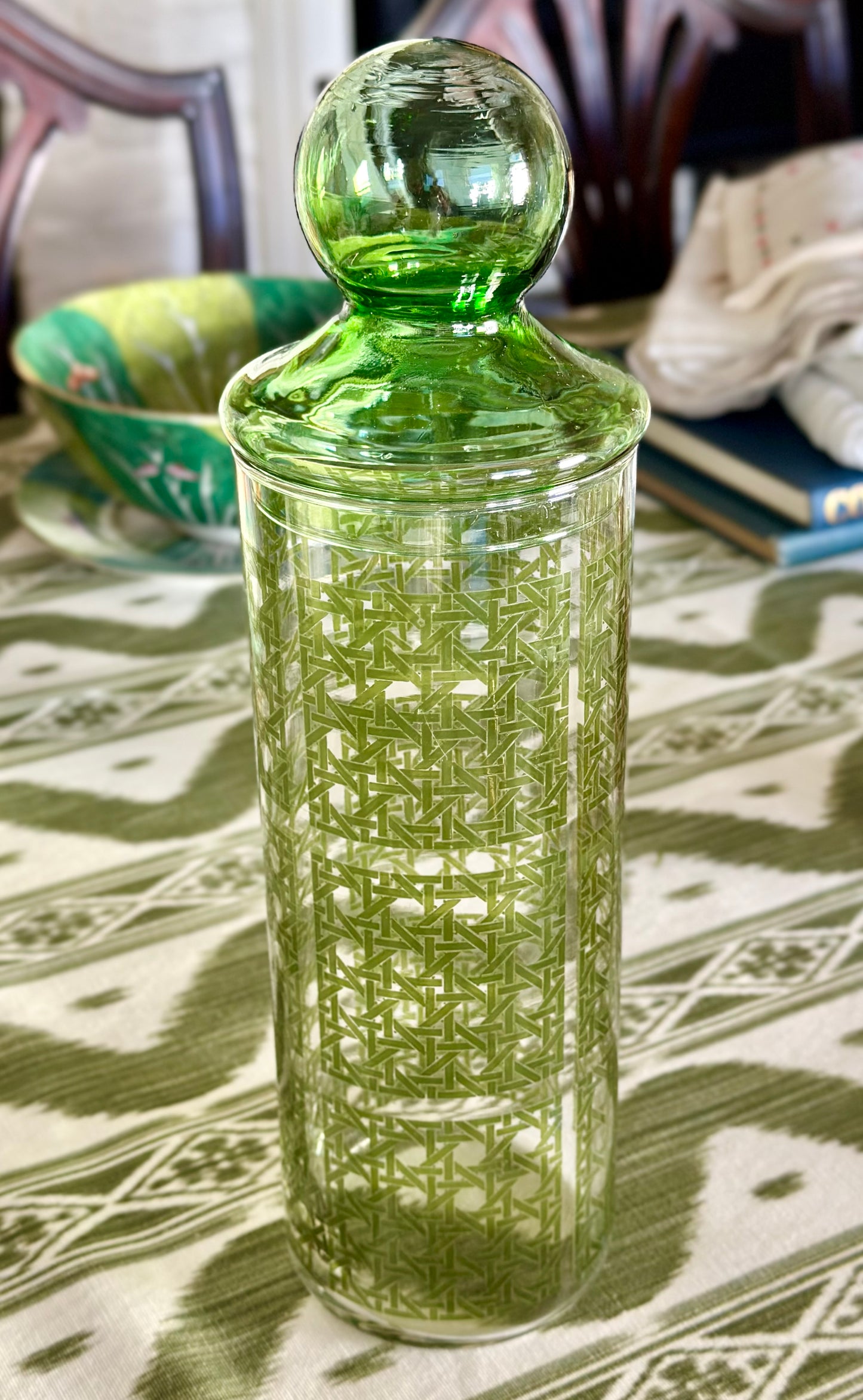 Vintage Libbey Green Patterned Barber Pole Canister