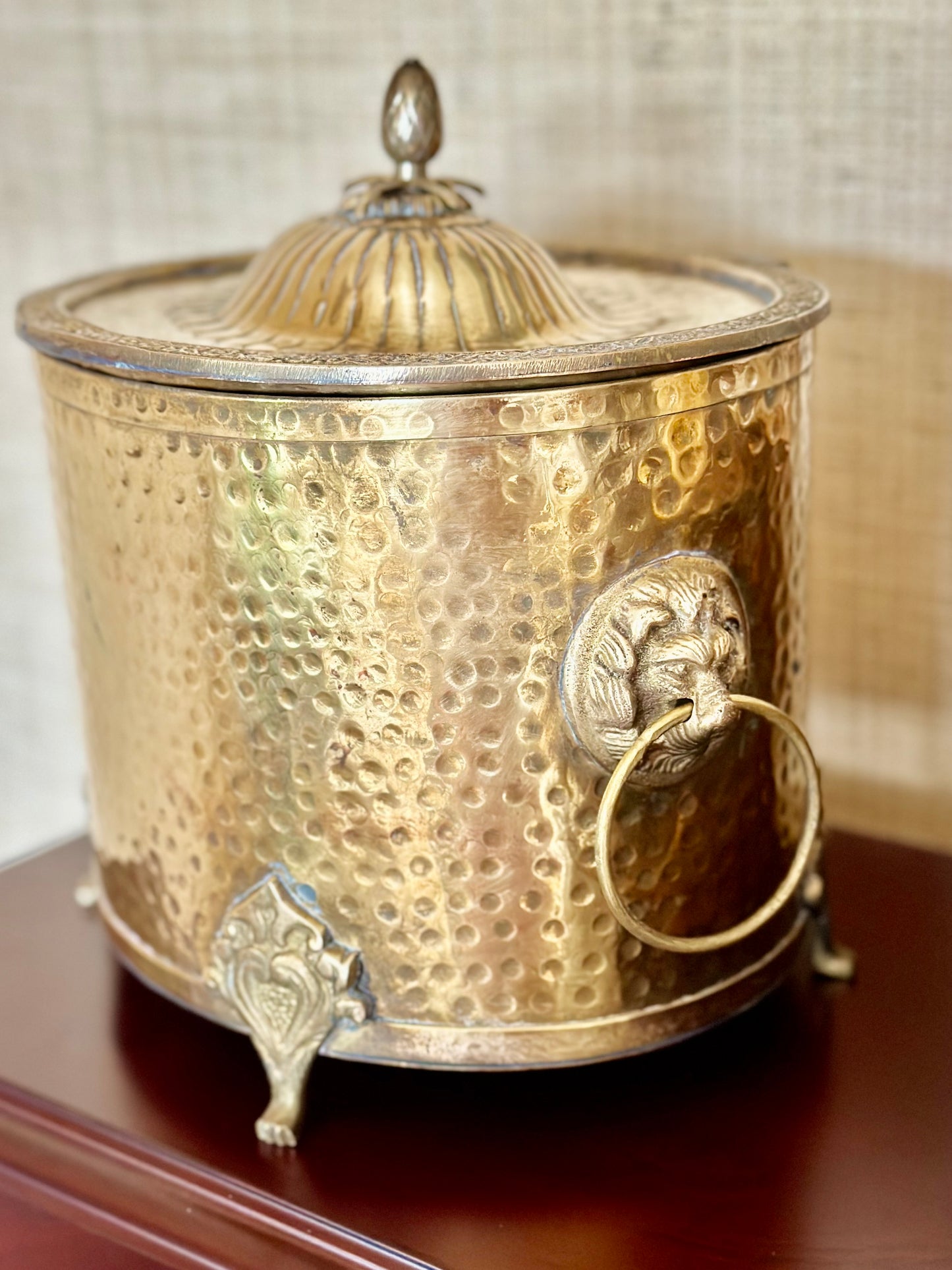Hammered Brass Footed Bucket with Lion Heads