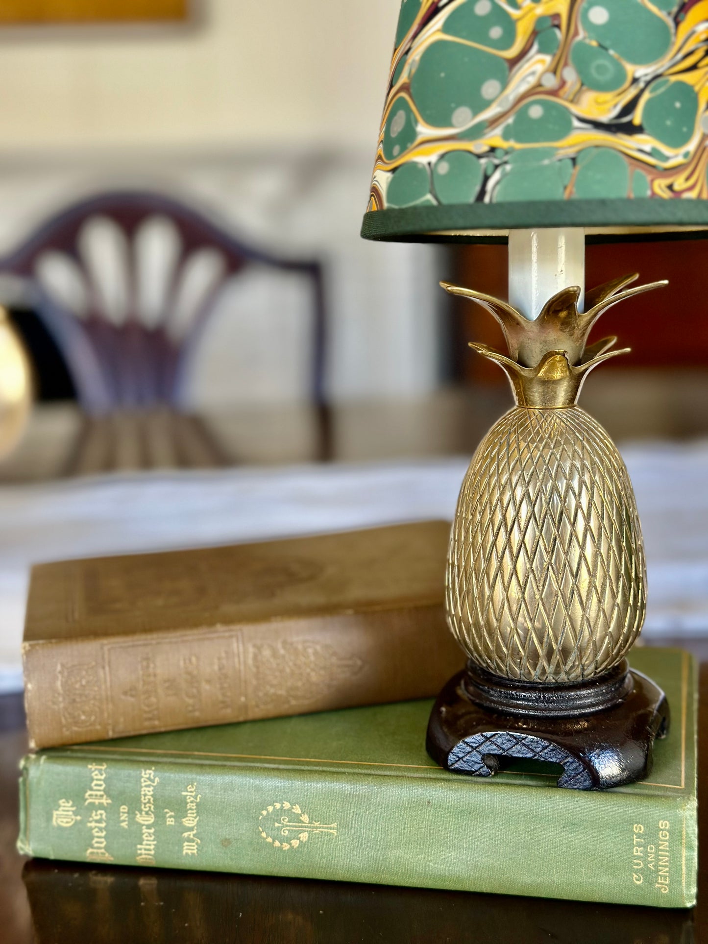 Small Brass Pineapple Lamp with Marbled Paper Shade