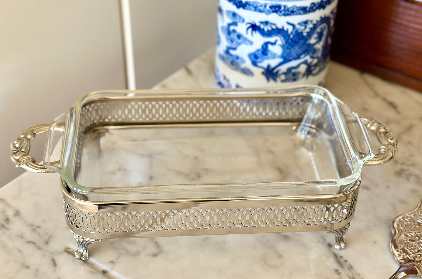 Vintage Anchor Hocking Serving Dish & Silverplate Holder