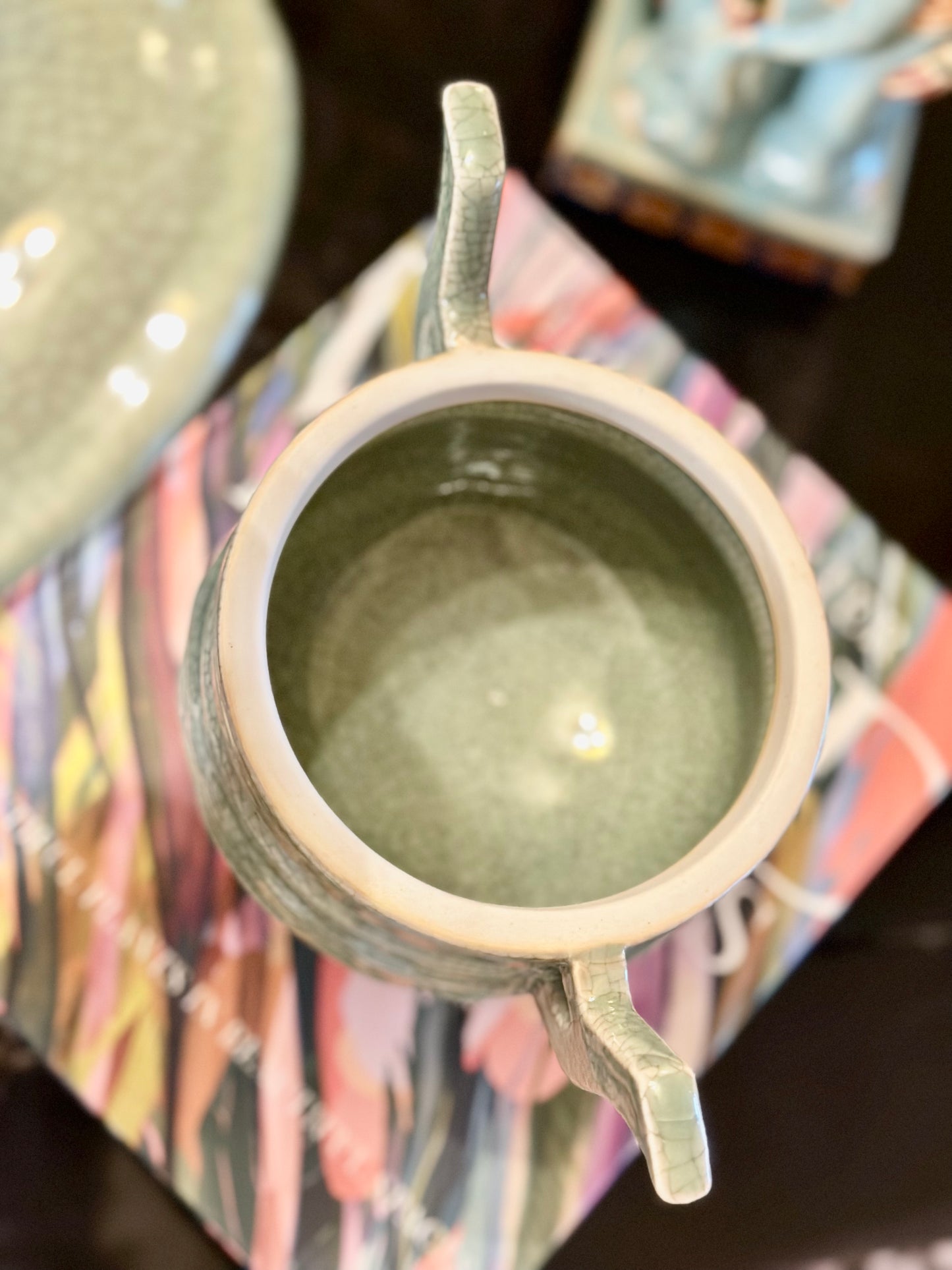 Vintage Celadon Foo Dog Crackle Glaze Dish