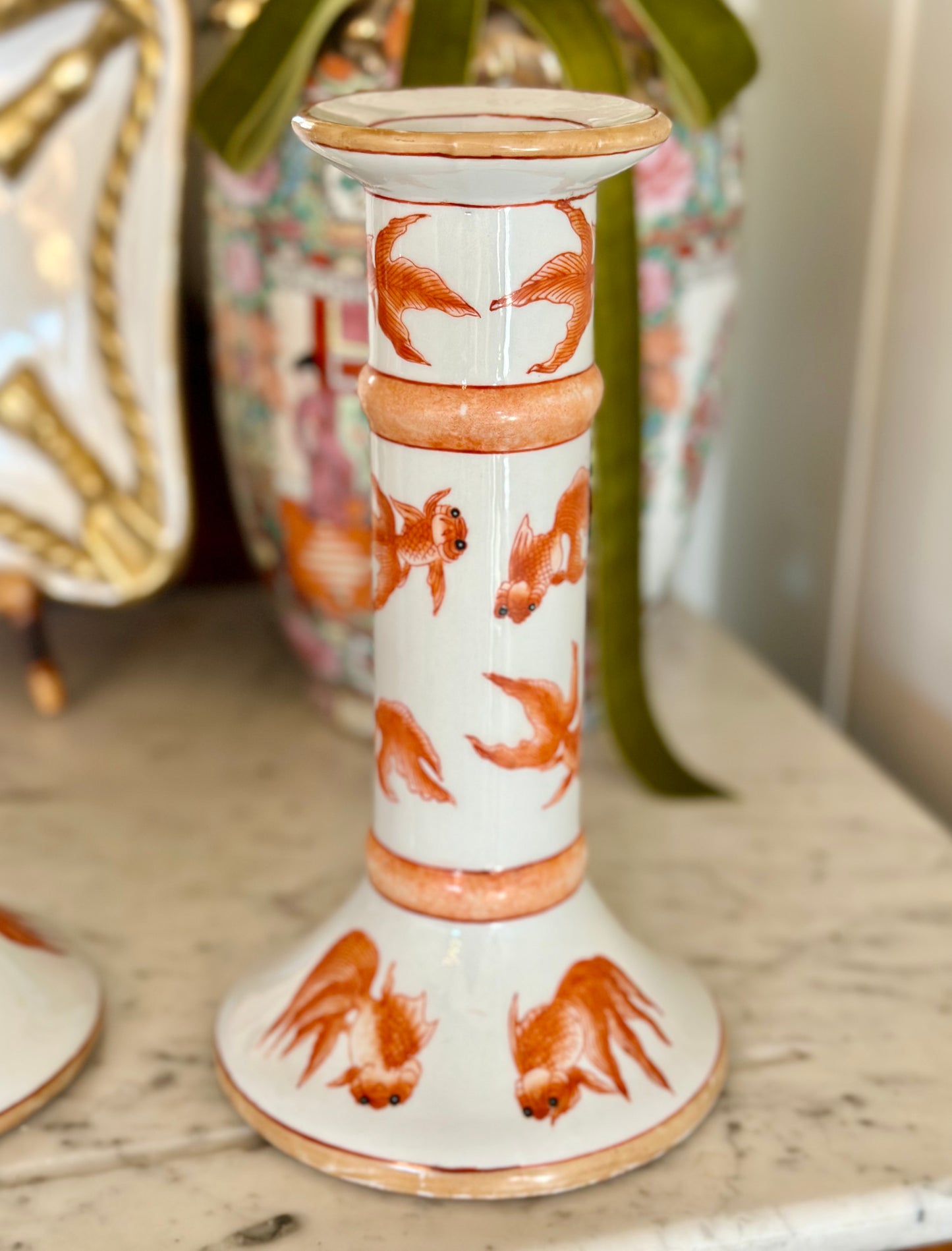 Handpainted Koi Fish Porcelain Candlestick Pair