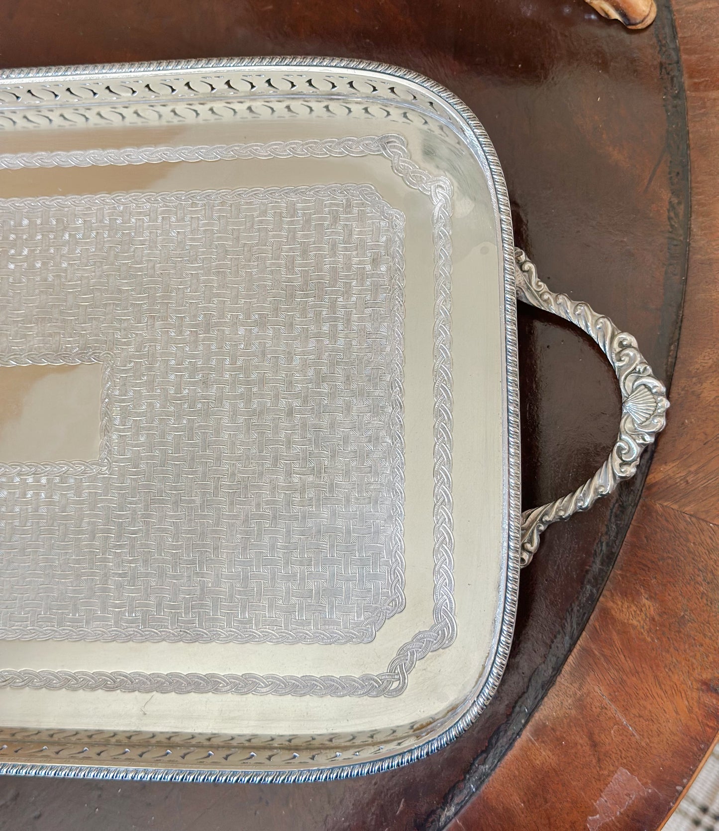 Antique English Silverplate Gallery Tray with Ball and Claw Feet