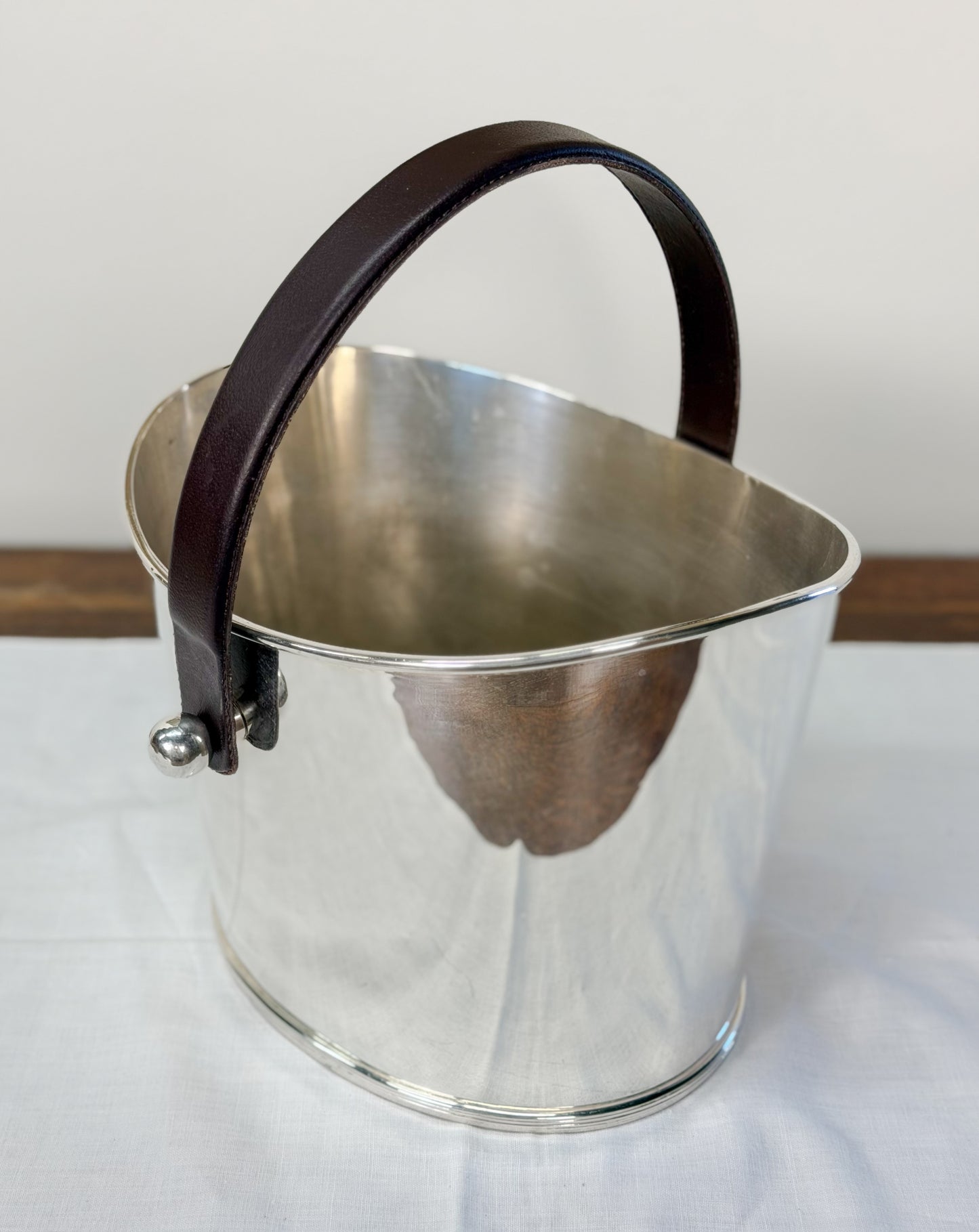 English Silverplate Beverage Bucket with Leather Handle