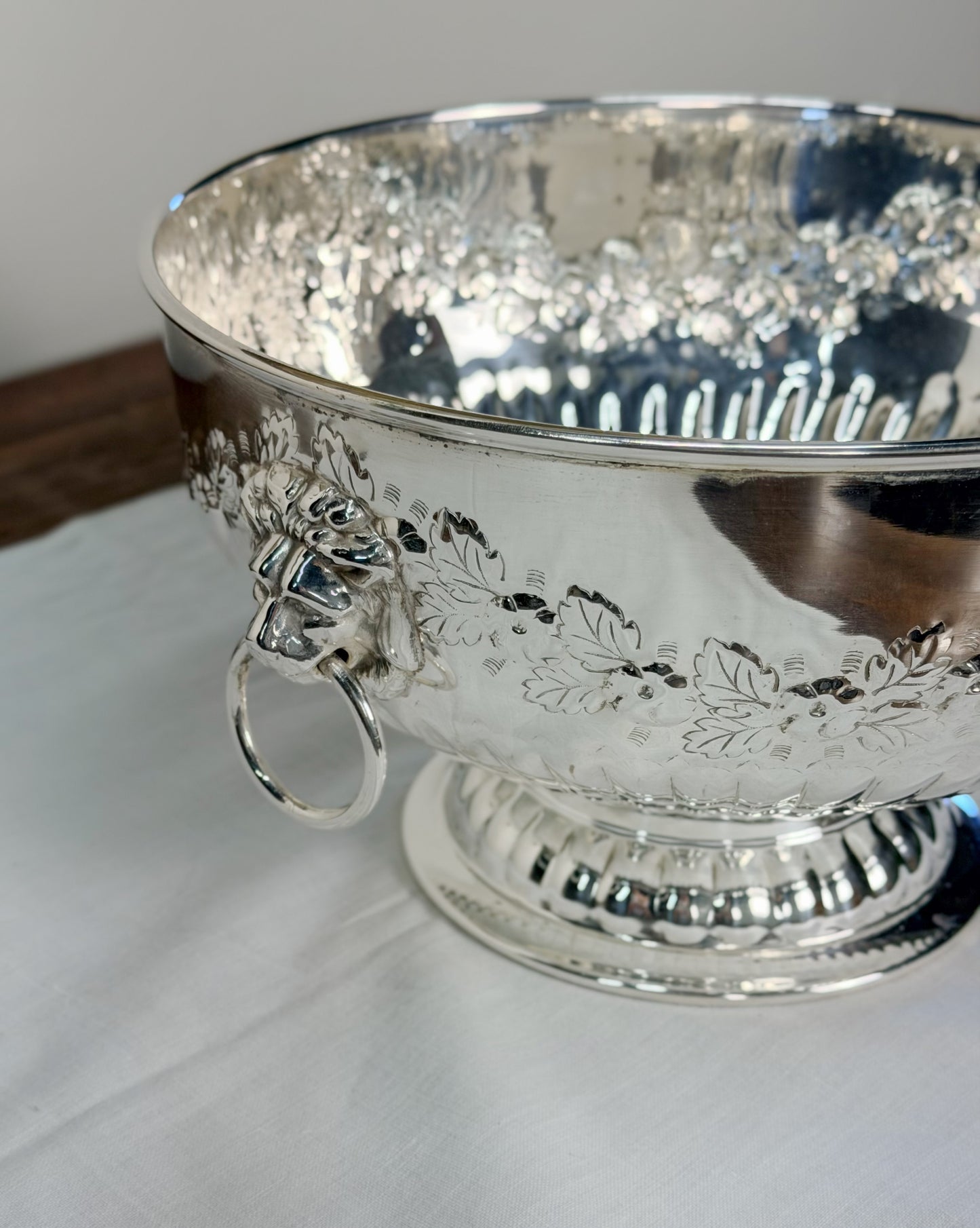 English Silverplate Pedestal Bowl with Lion’s Head Rings