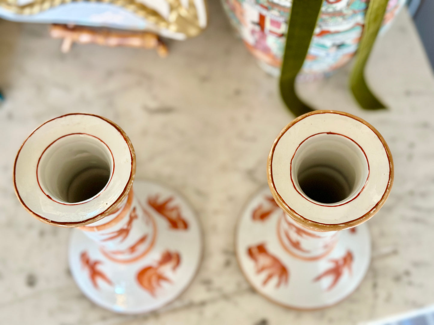 Handpainted Koi Fish Porcelain Candlestick Pair