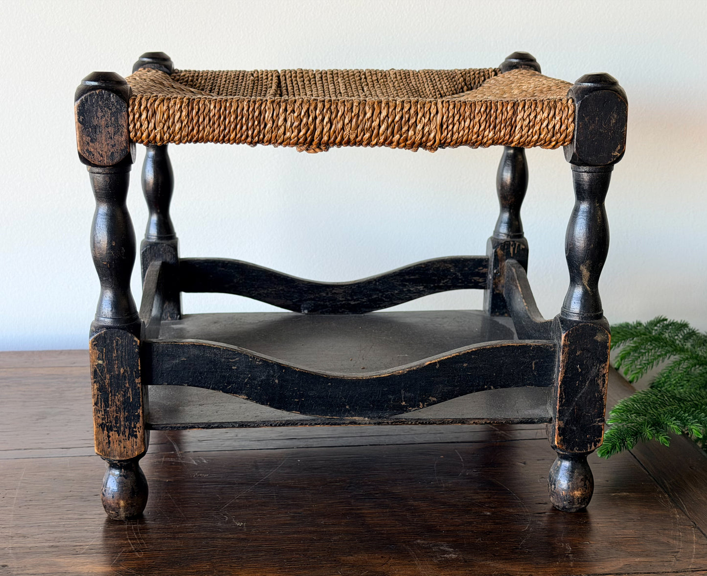 Antique English Rush Seat Stool with Painted Base