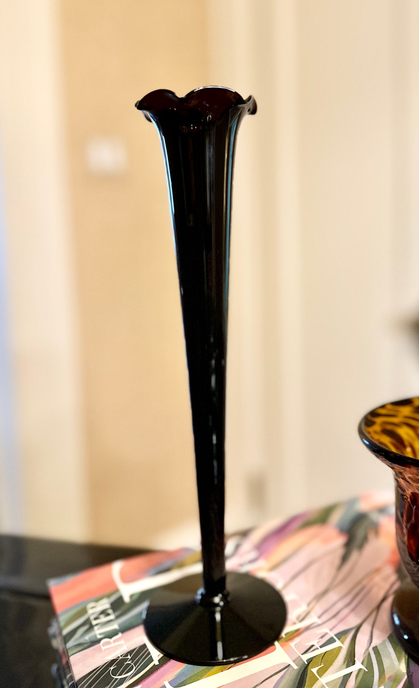 Black Glass Scalloped Edge Stem Vase