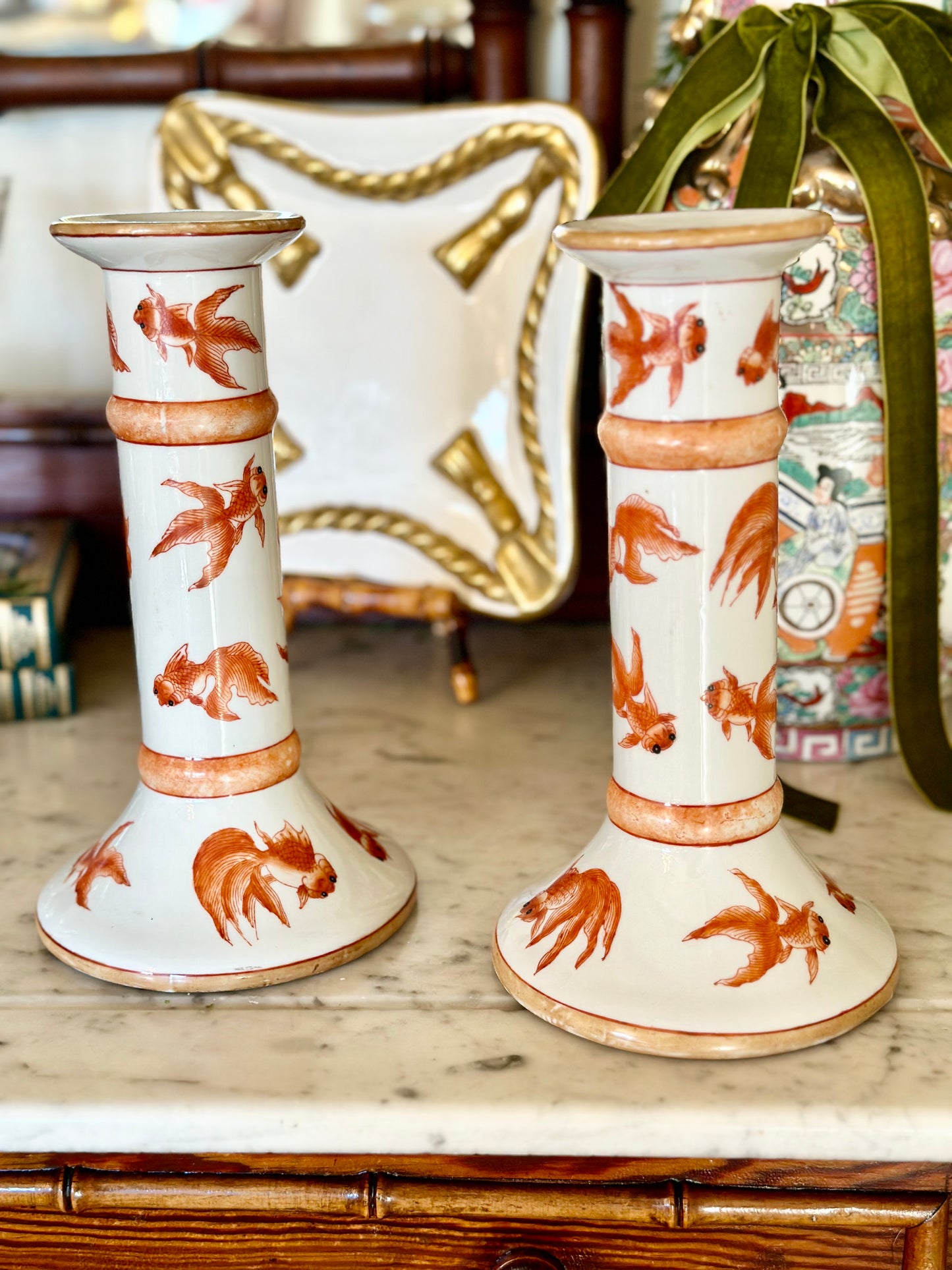 Handpainted Koi Fish Porcelain Candlestick Pair