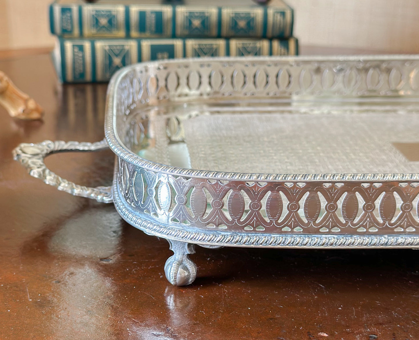 Antique English Silverplate Gallery Tray with Ball and Claw Feet