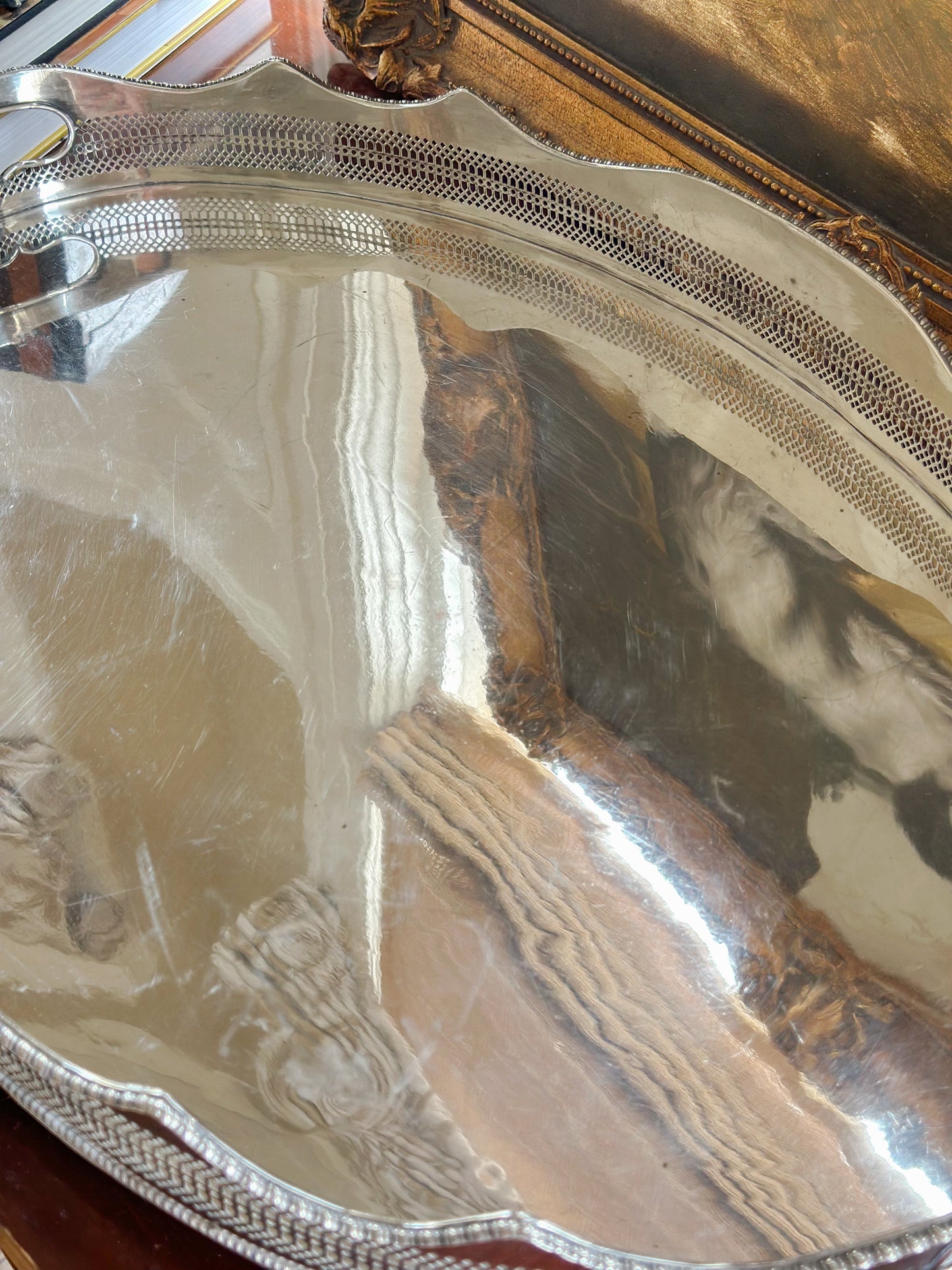 Large Oval Silverplate Gallery Tray with Scalloped Edge
