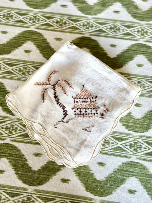 Vintage Linen Luncheon Napkins with Pagoda & Palm Cross-Stitch (Set of 8)