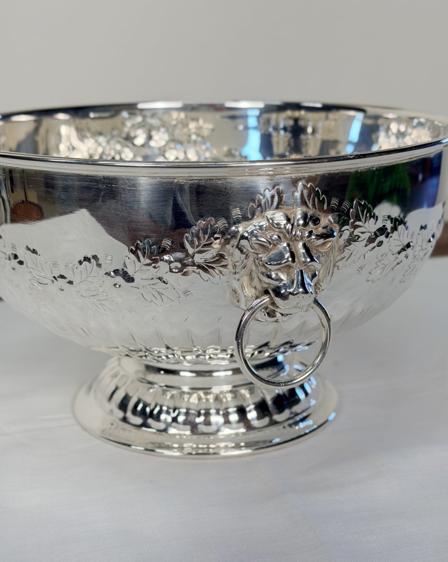 English Silverplate Pedestal Bowl with Lion’s Head Rings