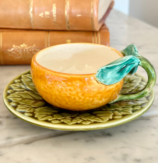 French Majolica Sarreguemines Orange Teacups and Saucers (Set of 4)