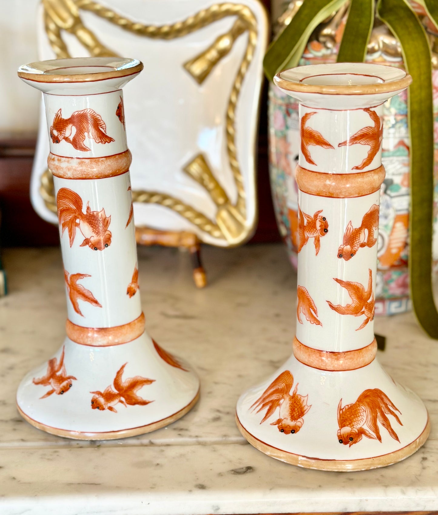 Handpainted Koi Fish Porcelain Candlestick Pair