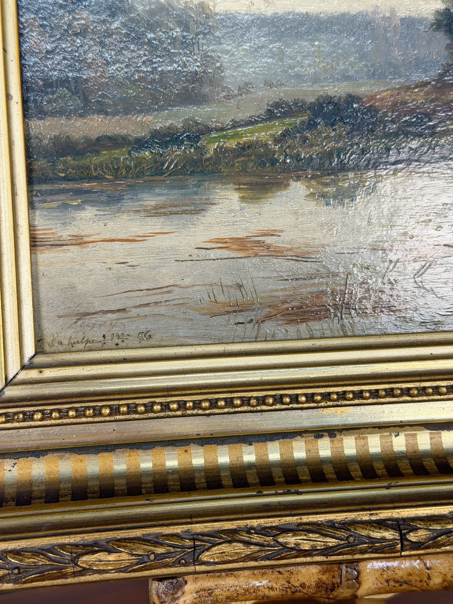 Framed 19th Century Oil on Board Lakeside Landscape